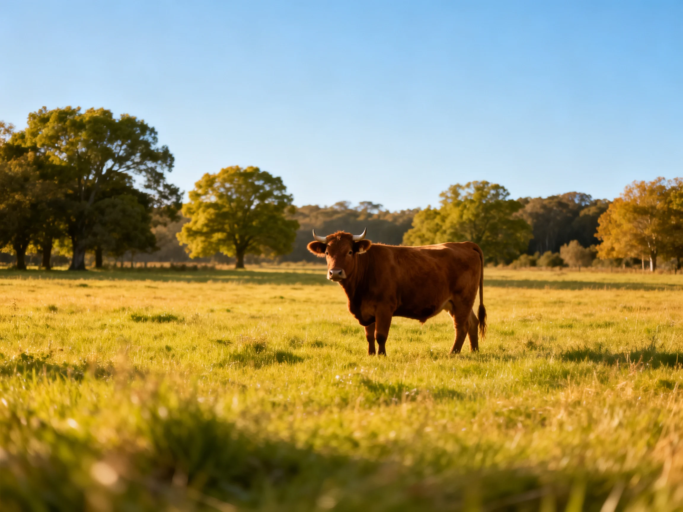 A brown cow stands in a sunlit green pasture near trees