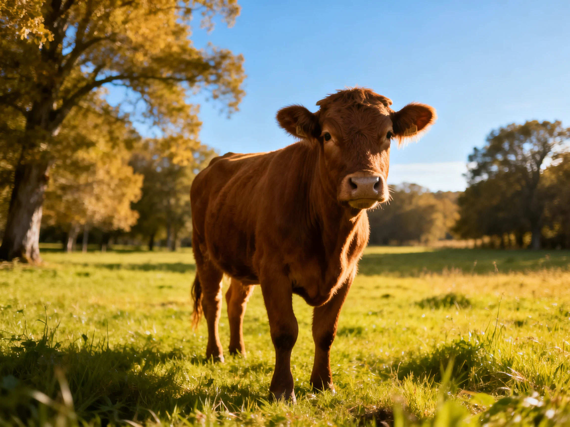 A brown cow stands in a sunlit green pasture near golden-hued trees