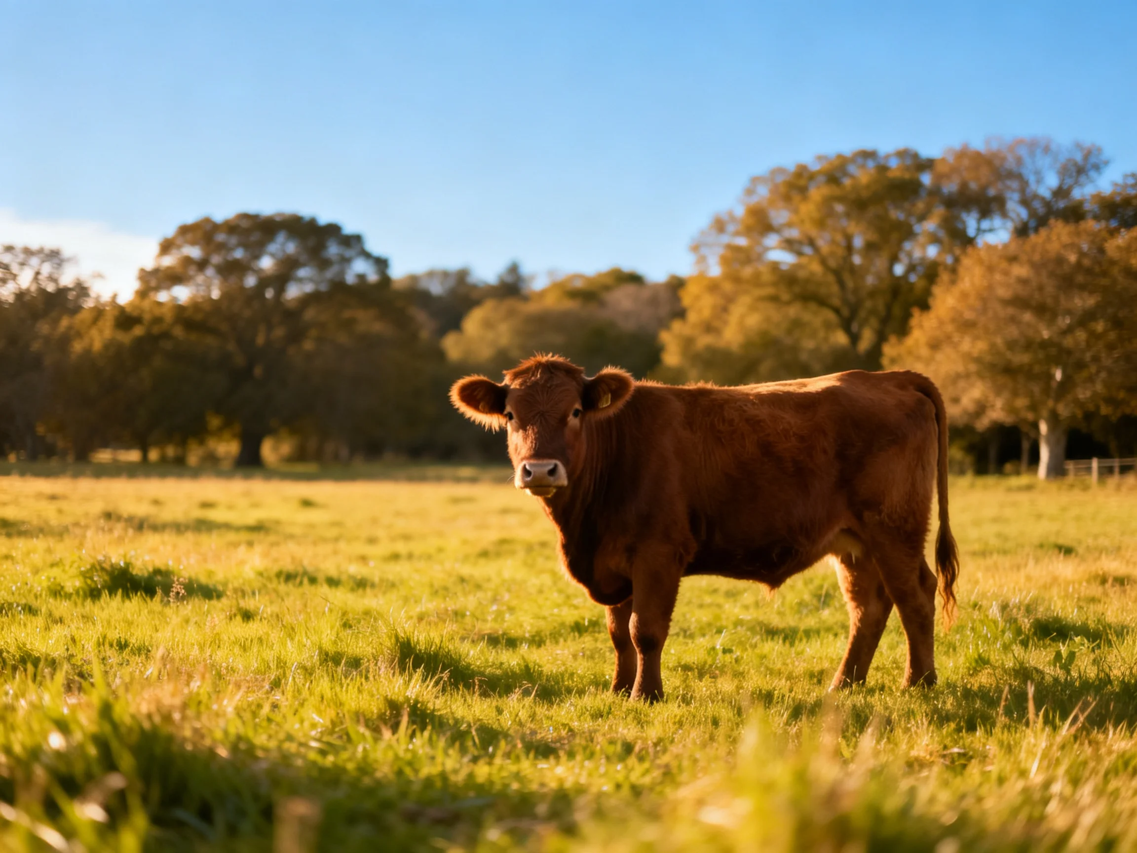 A brown cow stands in a sunlit green pasture with golden trees