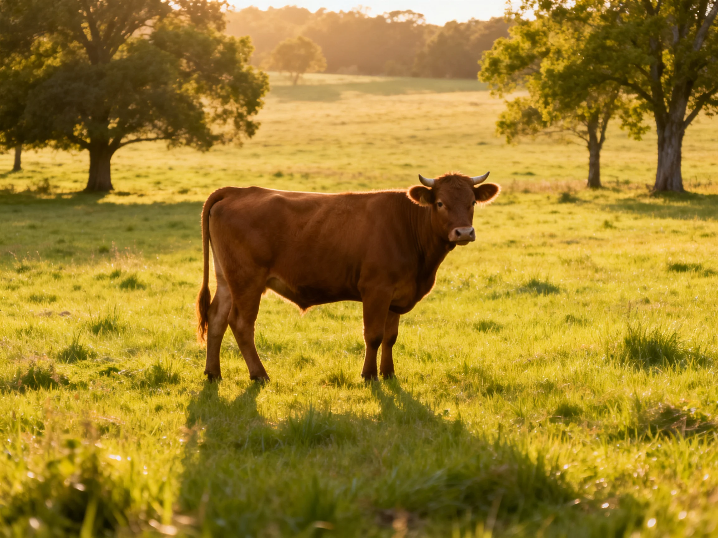A brown cow stands in a sunlit green pasture near trees.