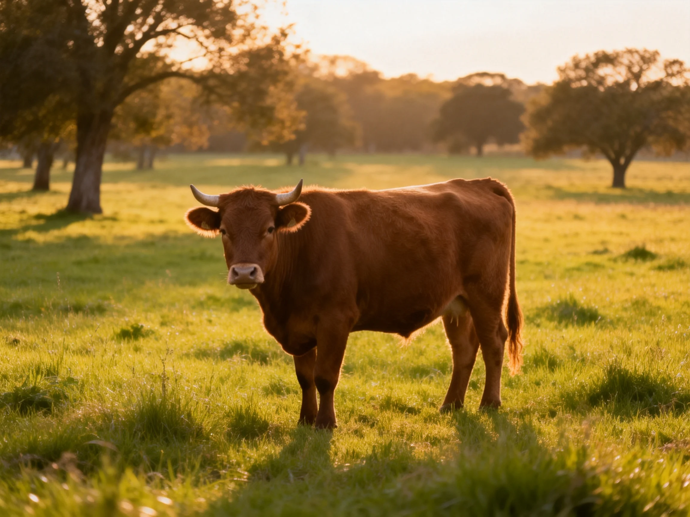 A brown cow stands in a sunlit green pasture with scattered trees
