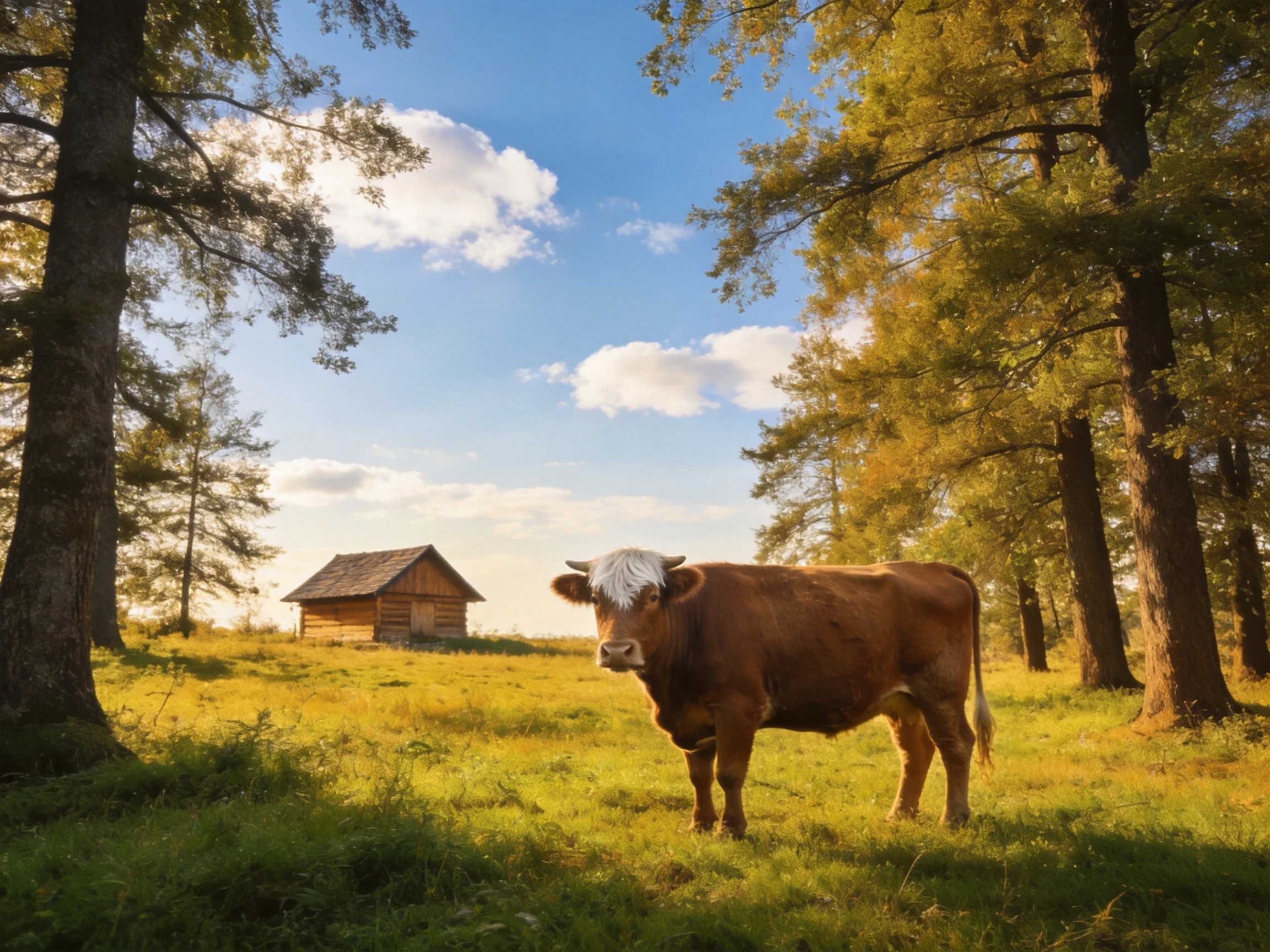 A brown cow stands in a sunlit meadow near a wooden cabin