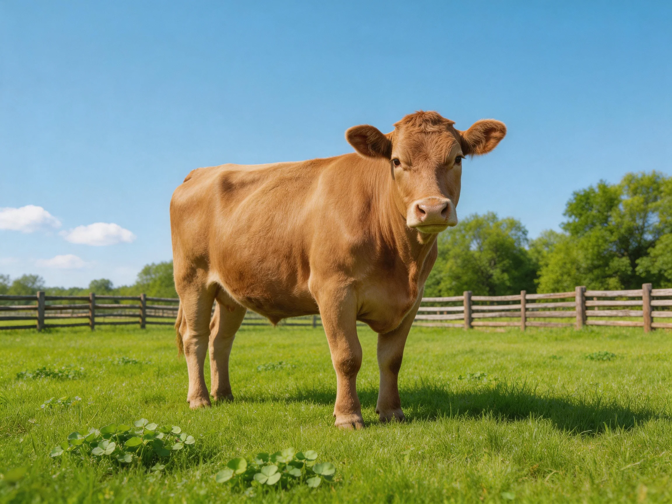 A brown cow stands in a sunny pasture with wooden fences