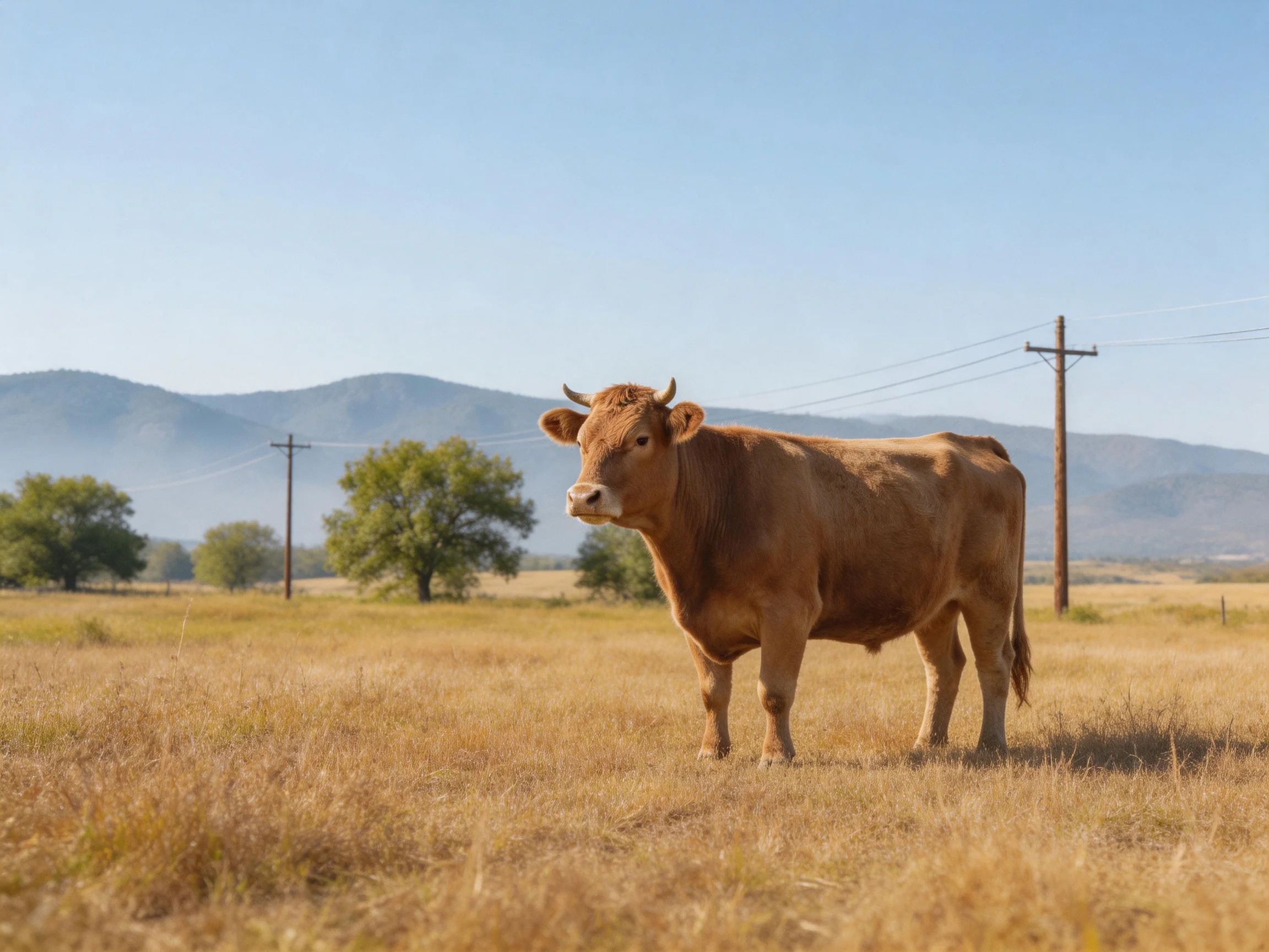 A brown cow stands in a vast golden field near misty mountains