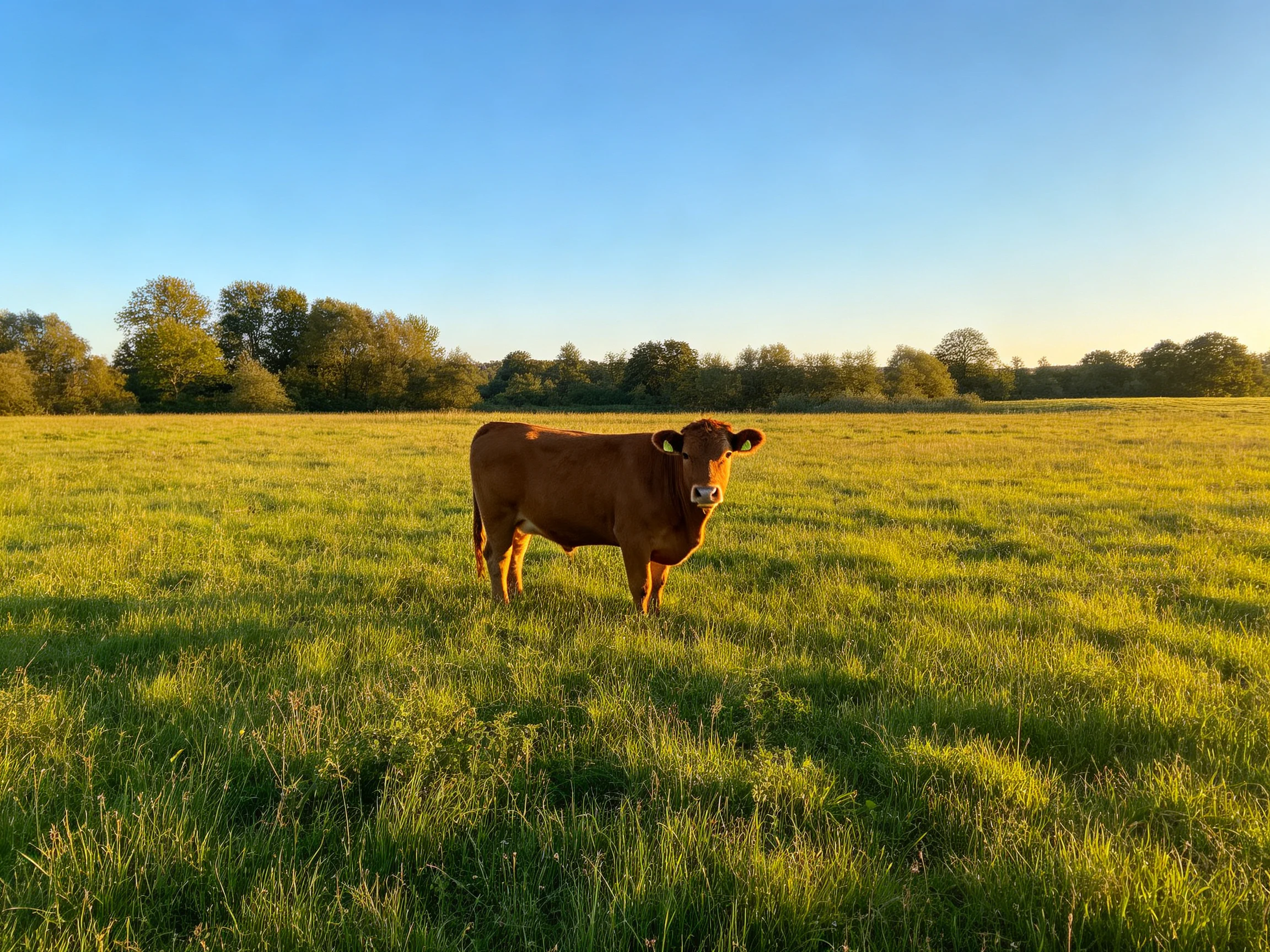 A brown cow stands in a vast green meadow near distant trees