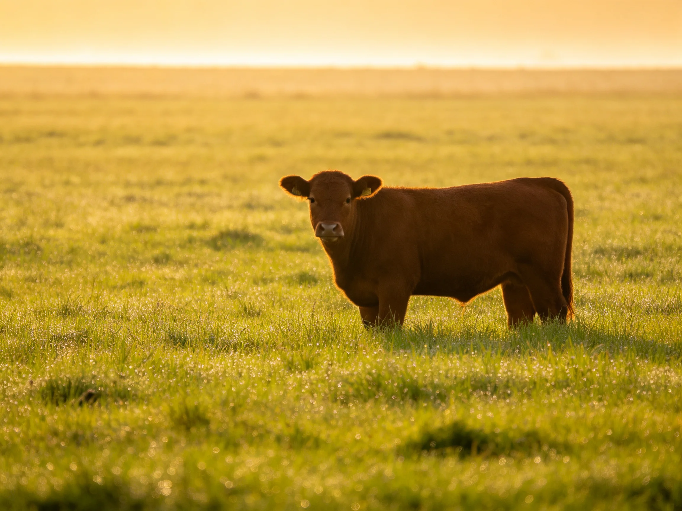A brown cow stands in a vast green pasture under golden sunlight