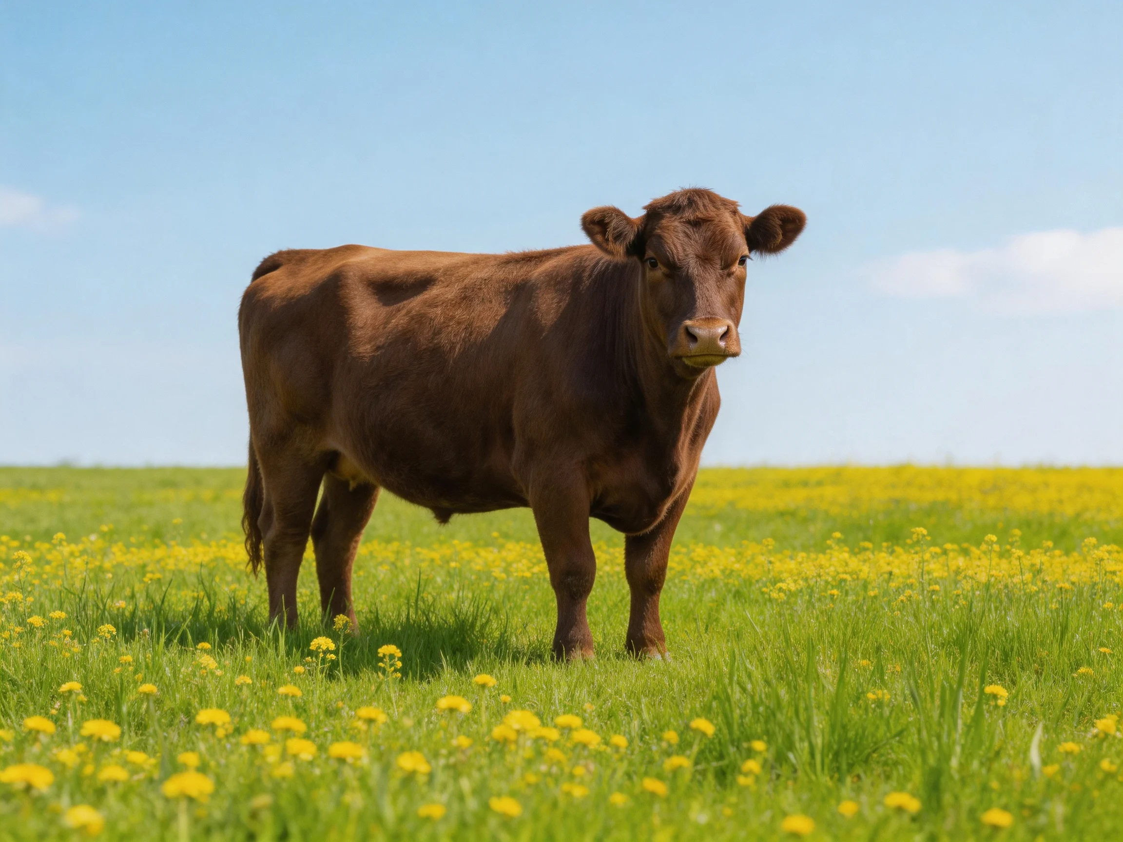 A brown cow stands in a vibrant meadow with yellow wildflowers
