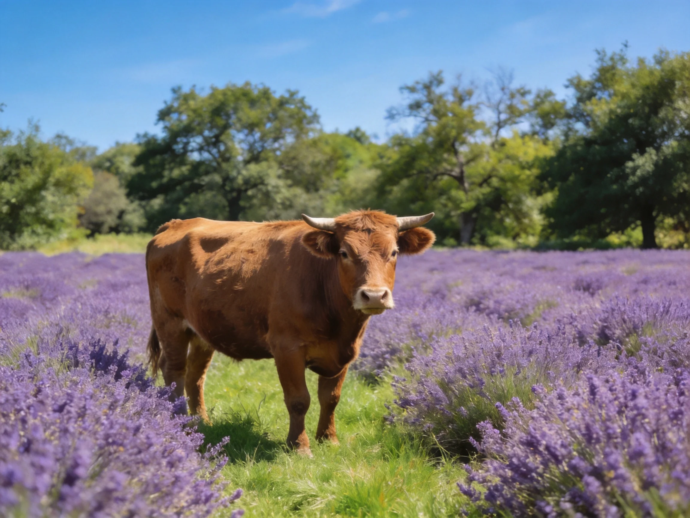 A brown cow stands in a vibrant purple lavender field with green trees
