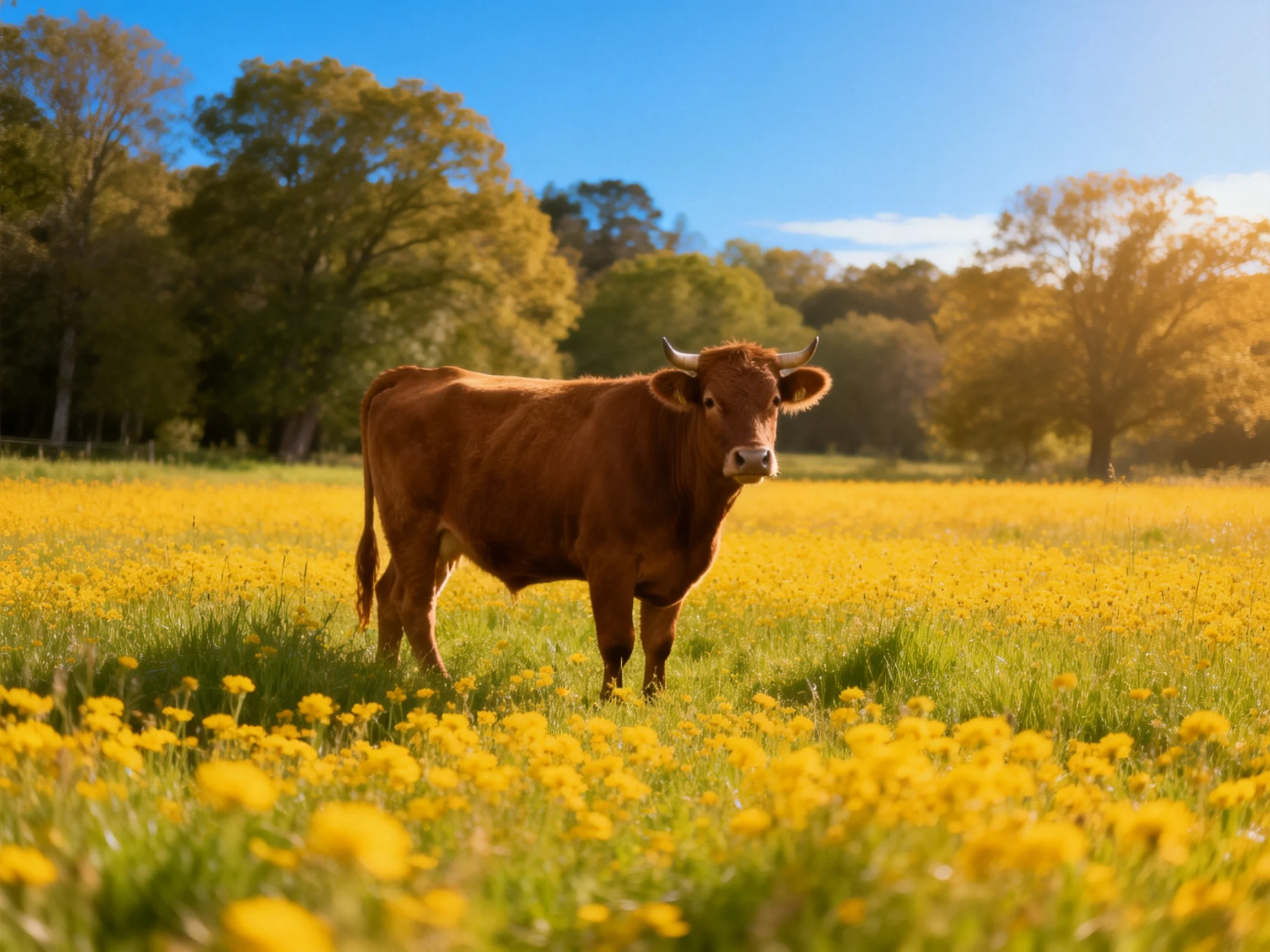 A brown cow stands in a vibrant yellow-flowered meadow near green trees