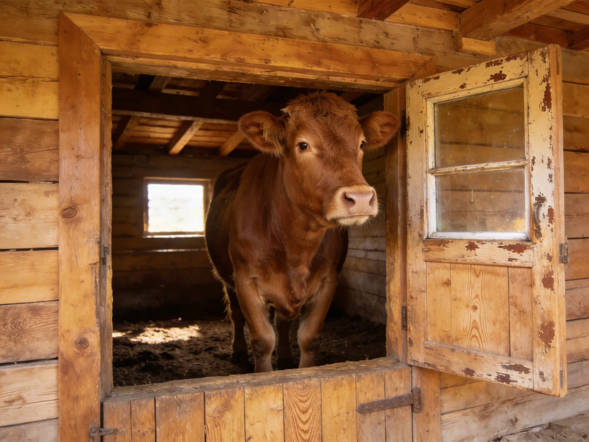 A brown cow stands in a weathered wooden stable doorway