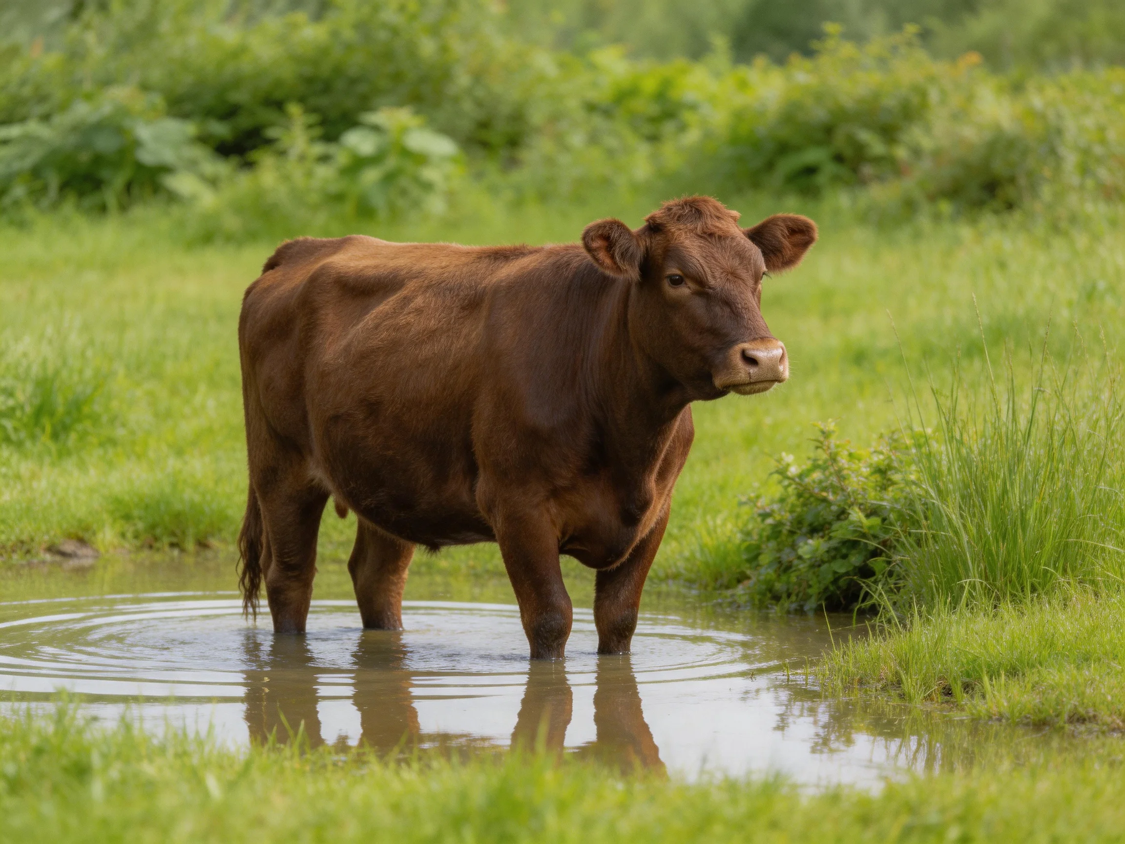 A brown cow stands in shallow water amid lush green fields