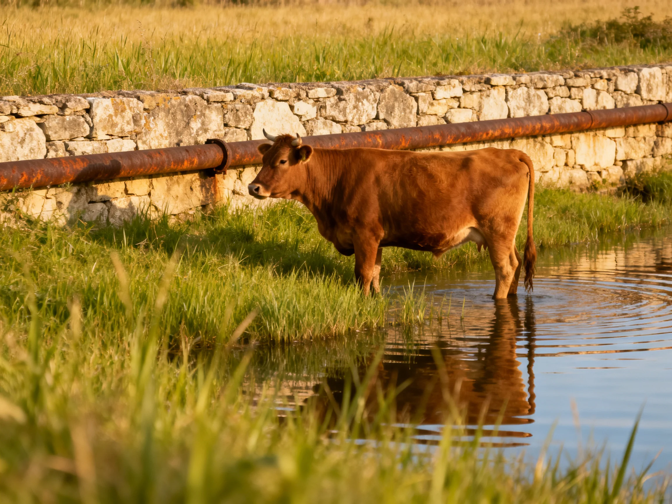 A brown cow stands in shallow water beside an old stone wall
