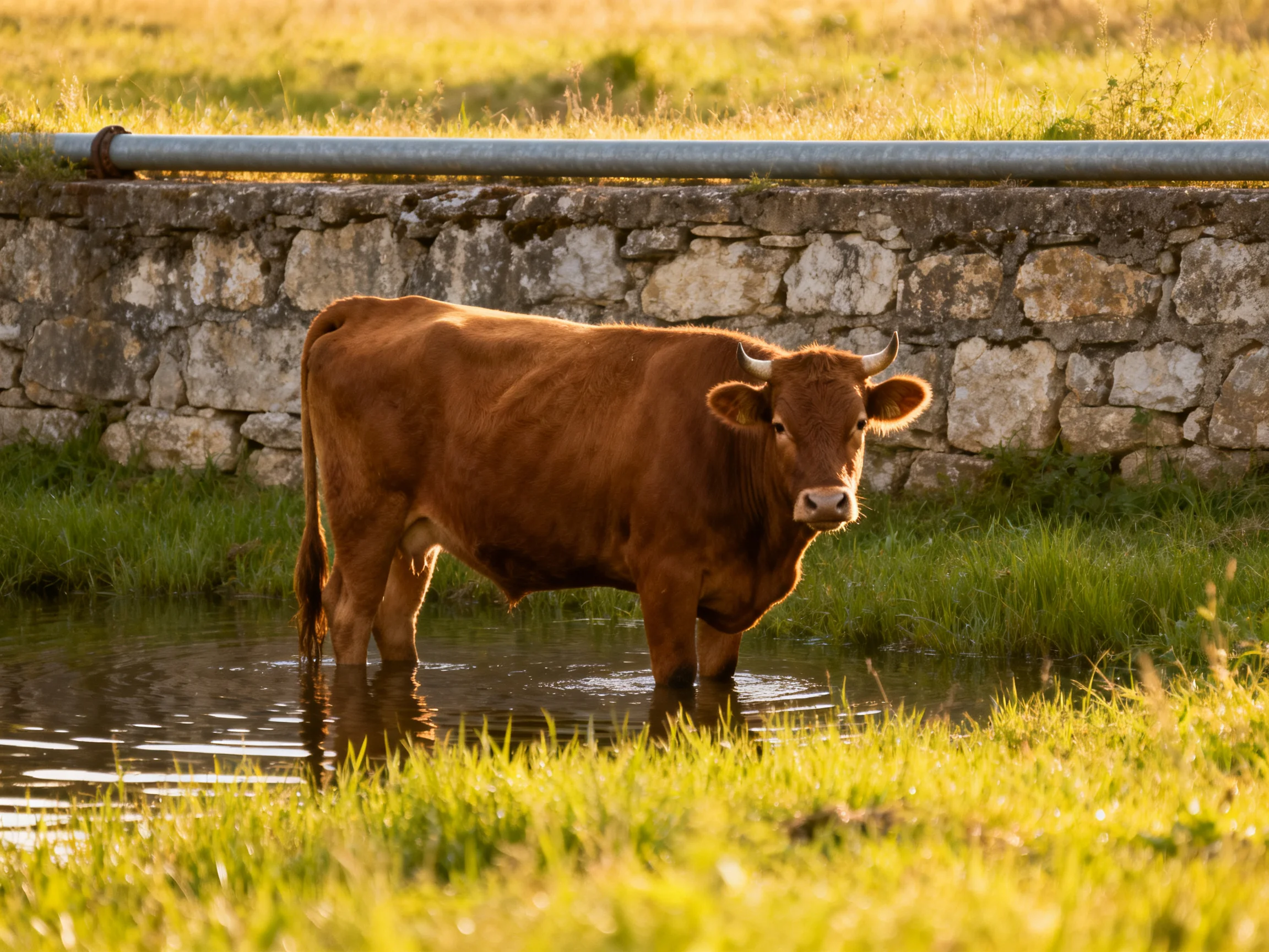 A brown cow stands in shallow water by a stone wall
