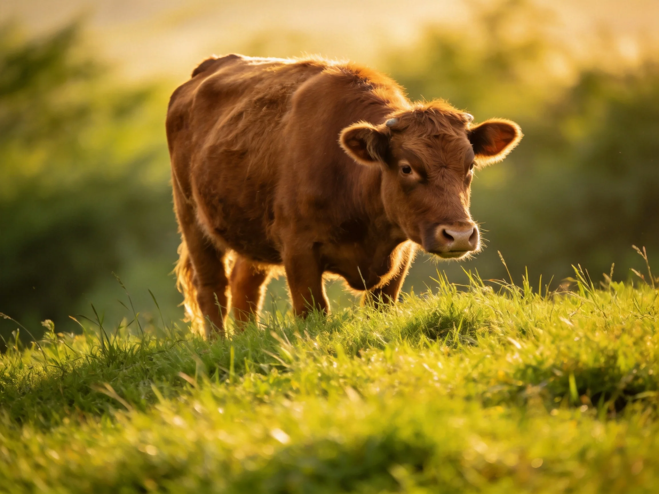 A brown cow stands in sunlit green pasture with golden hour glow