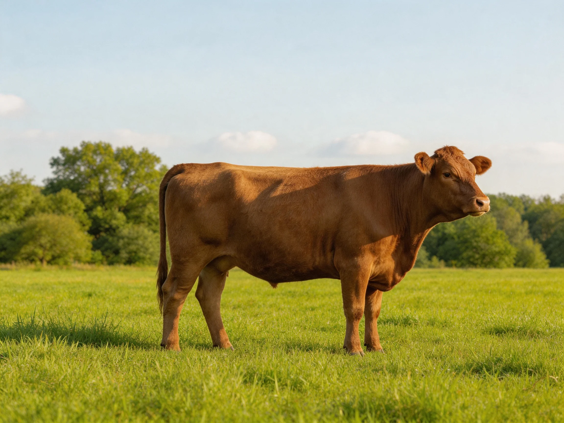 A brown cow stands in sunlit green pasture with trees behind