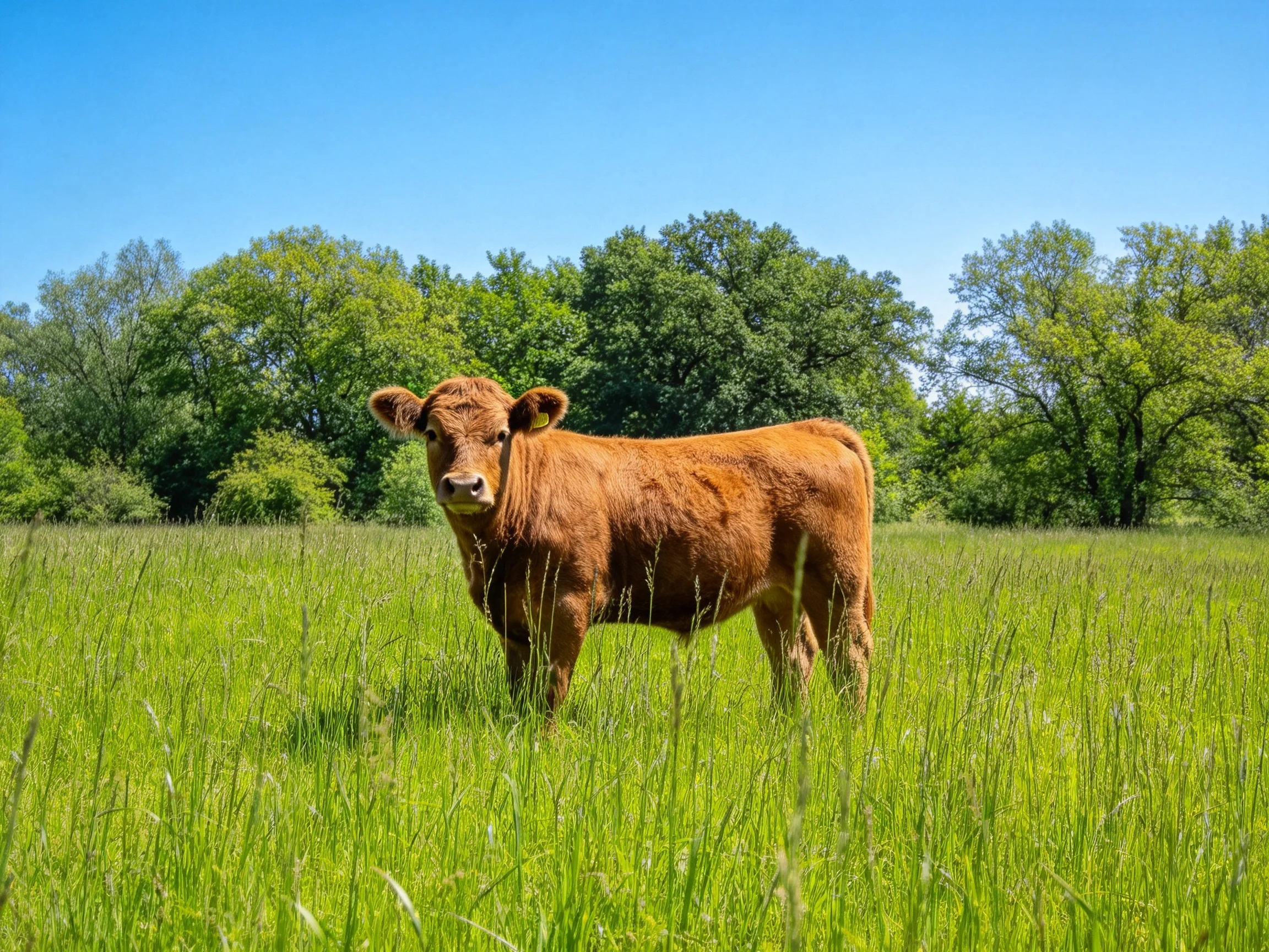 A brown cow stands in tall green grass near leafy trees