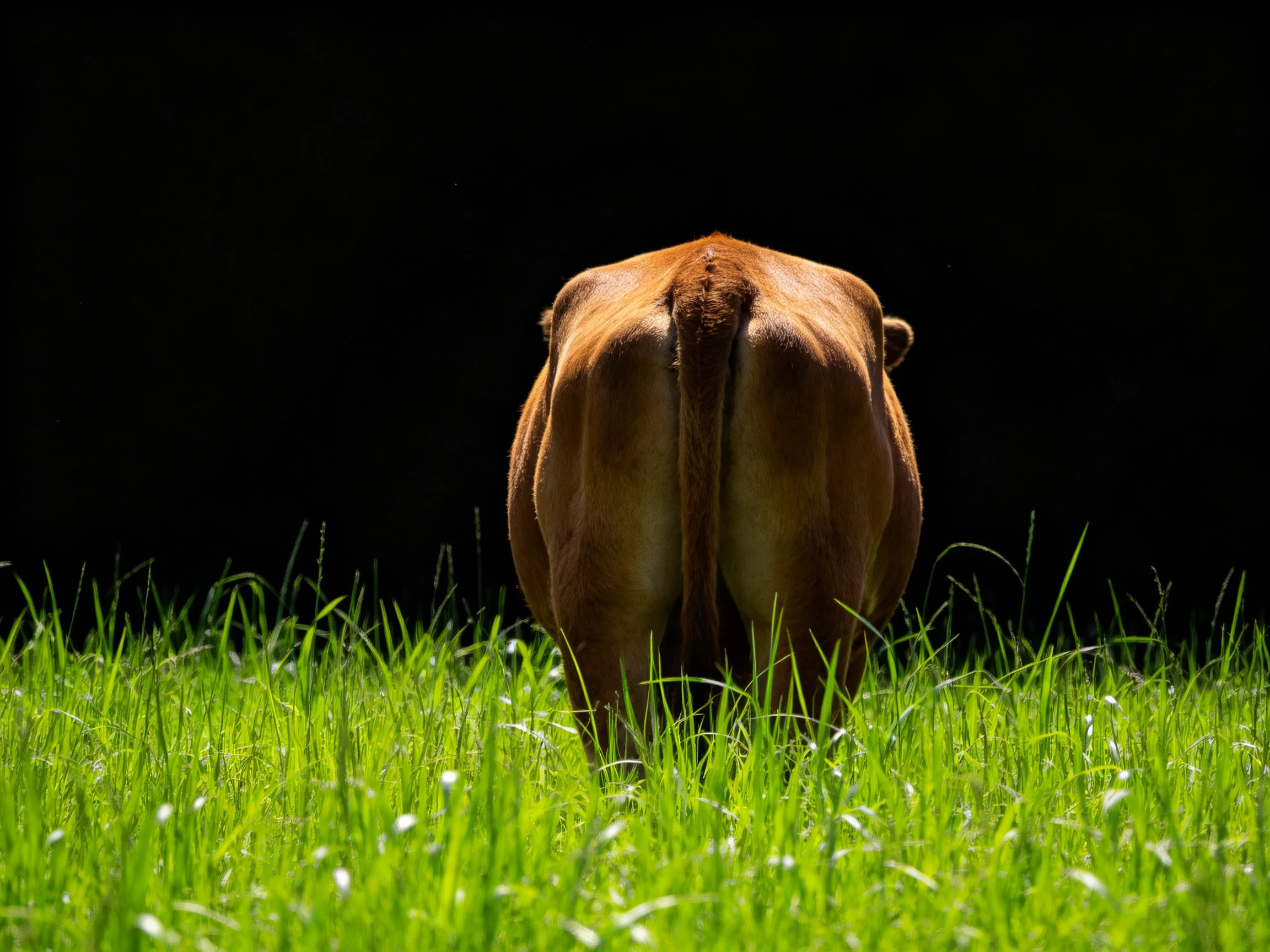 A brown cow stands in tall green grass with a stark black backdrop