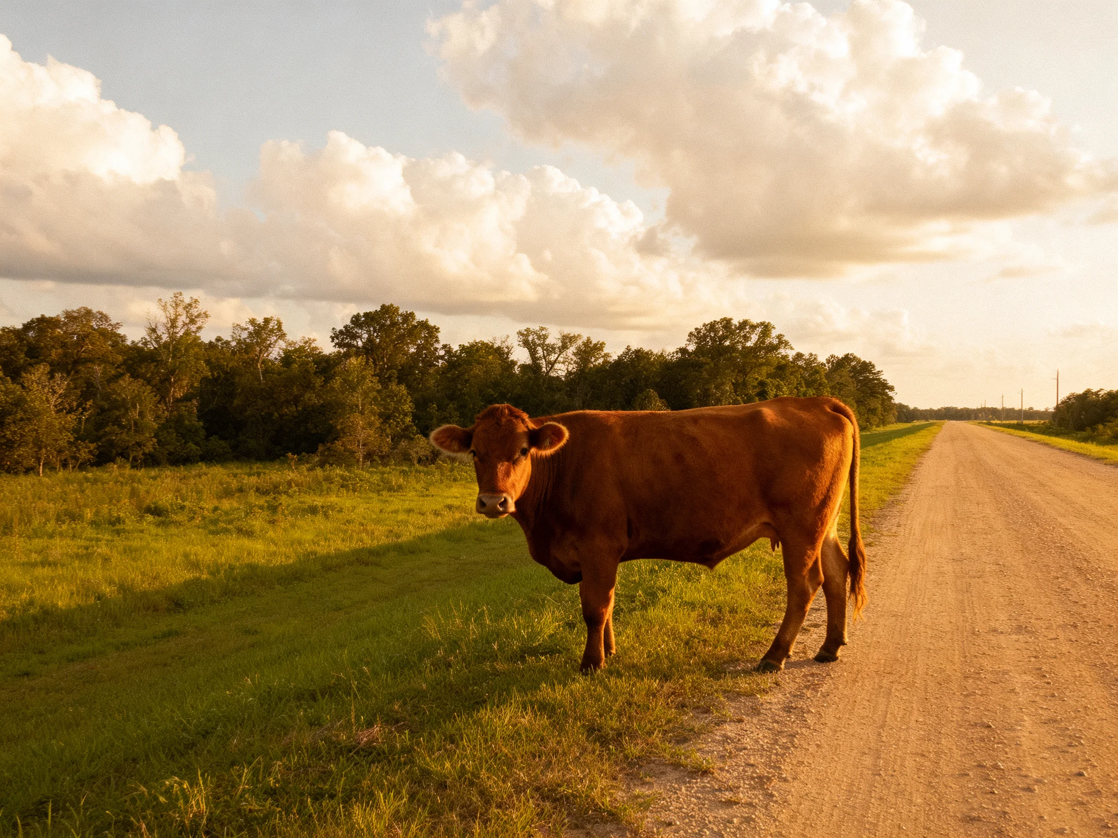 A brown cow stands near a dusty dirt road with green fields and trees