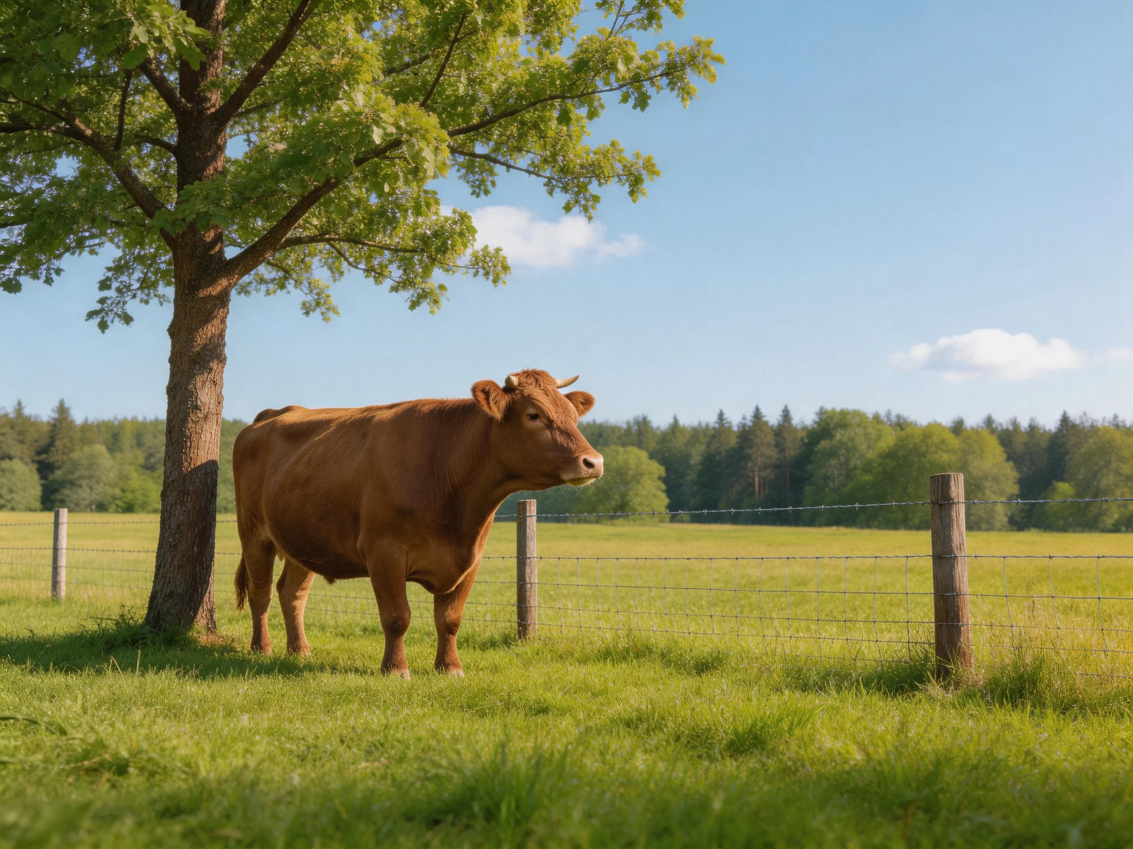 A brown cow stands near a large green tree in a sunlit pasture.