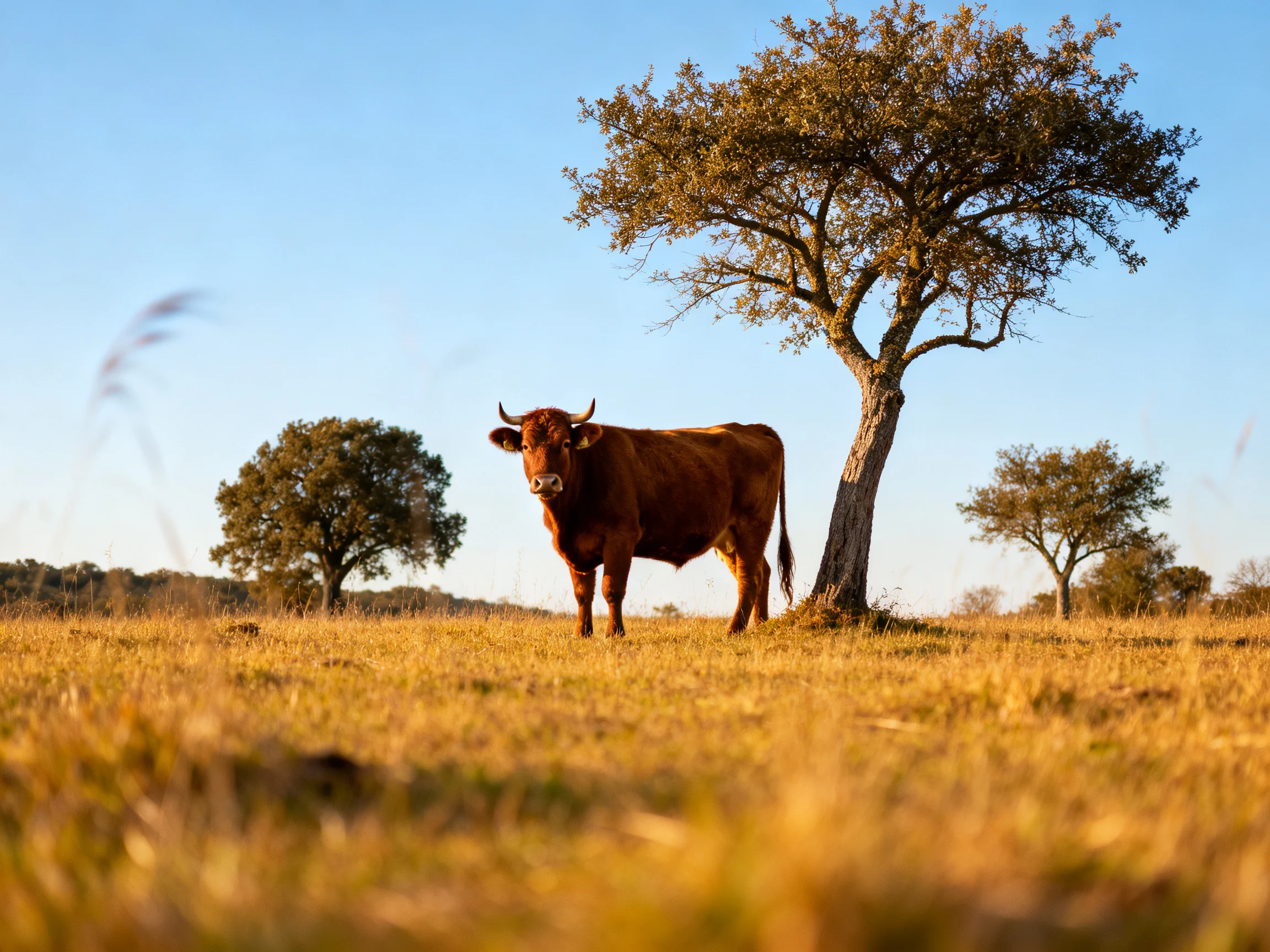 A brown cow stands near a large tree in a golden field