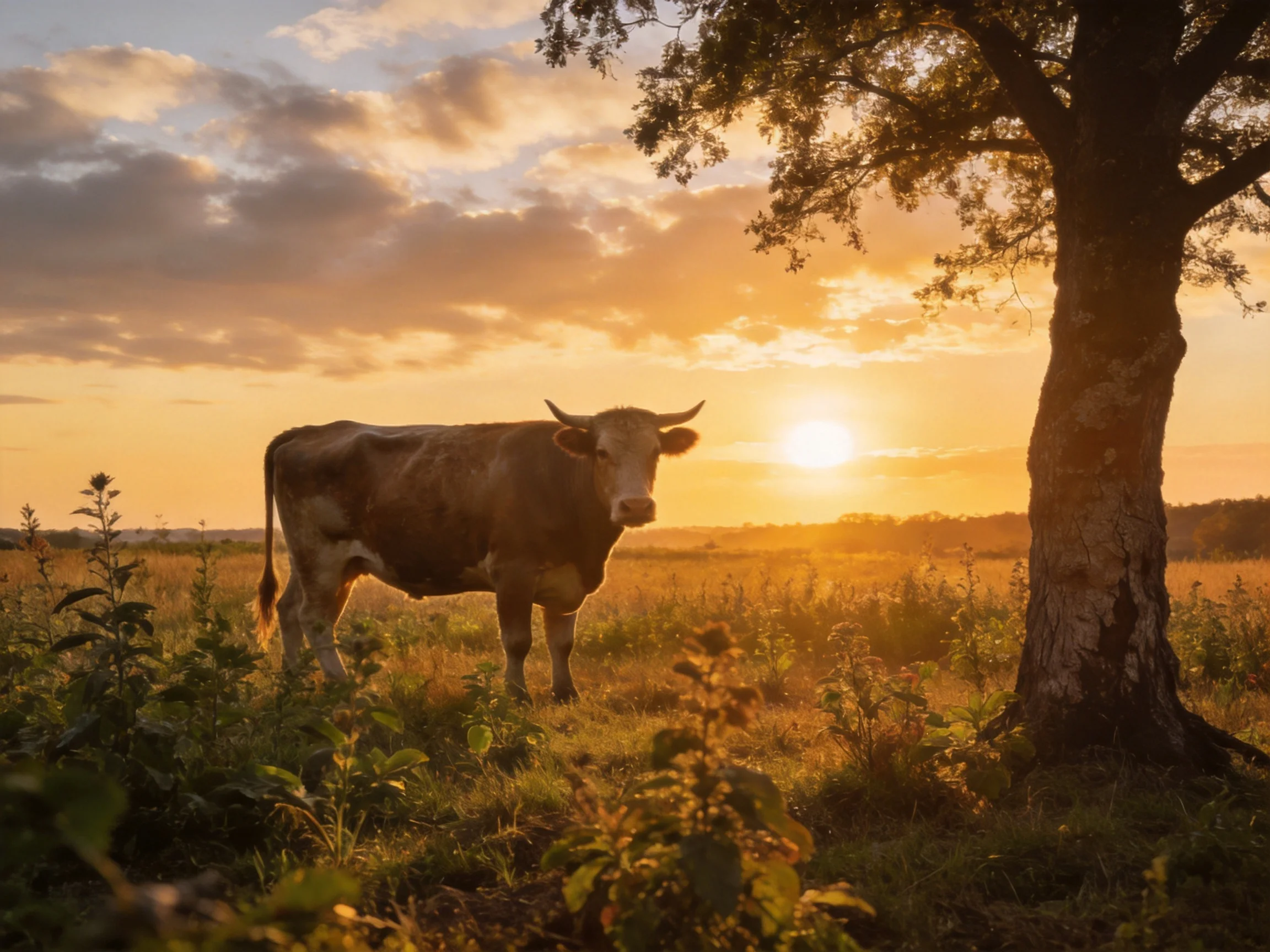 A brown cow stands near a large tree in a sunlit field at sunset