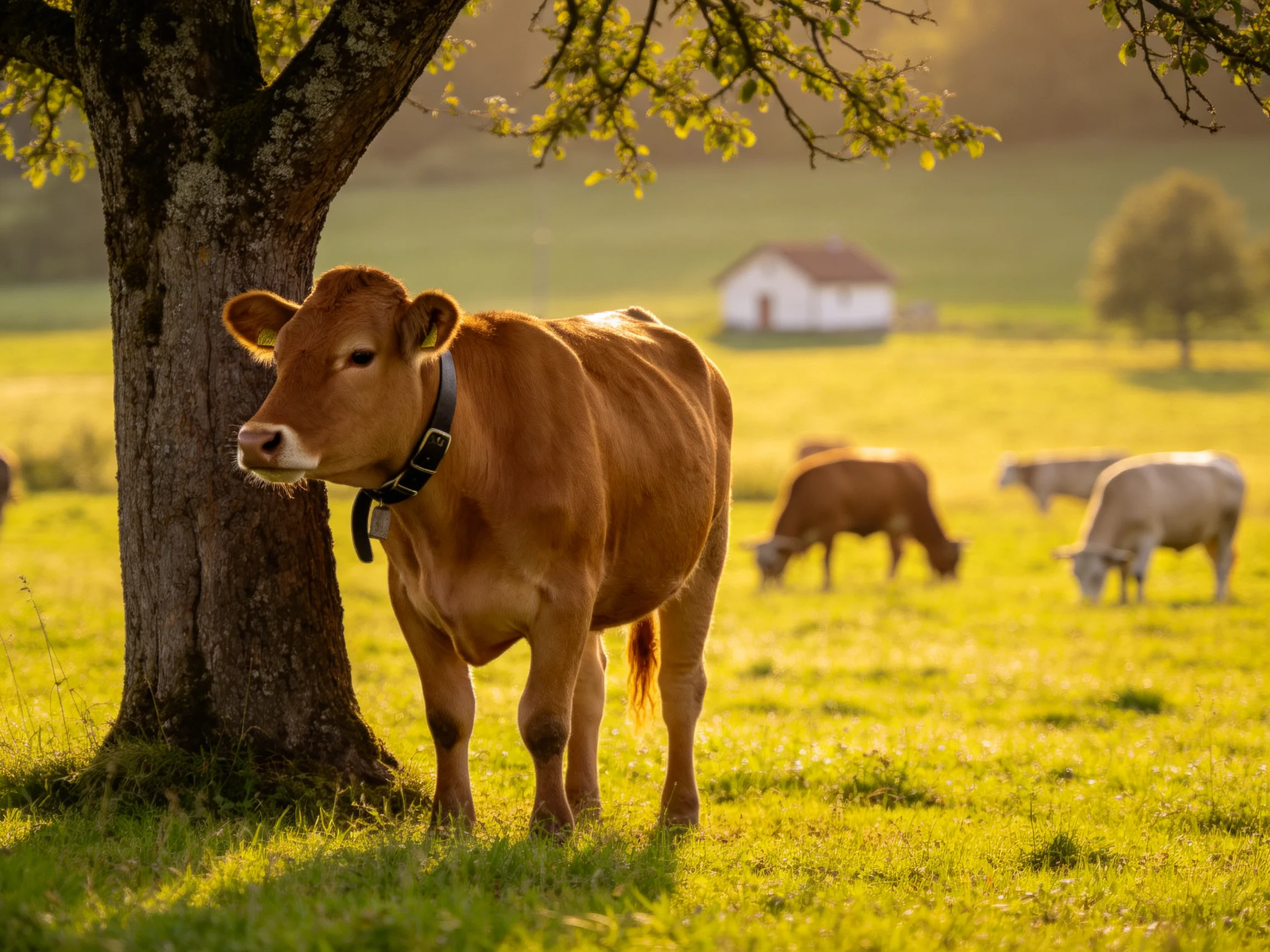 A brown cow rests near a tree in a sunlit pasture with grazing cows.
