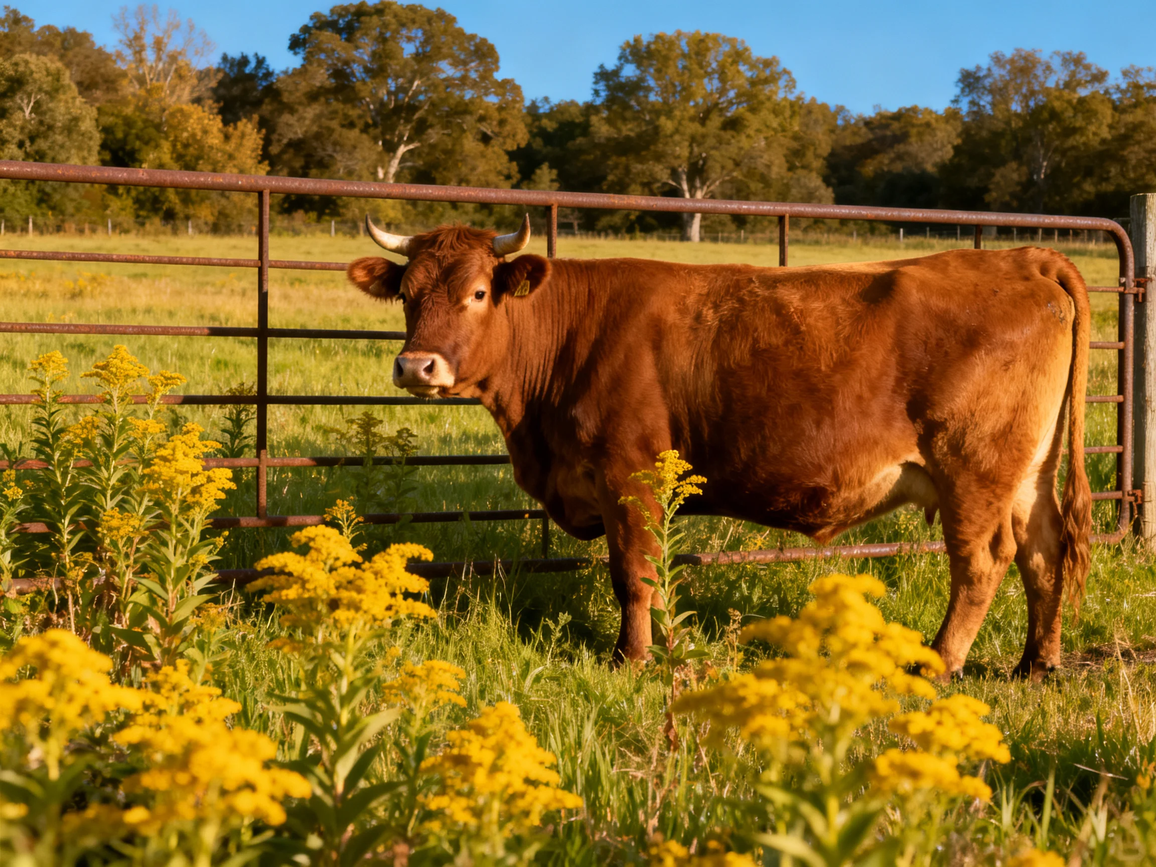 A brown cow stands near a rusty metal fence amid golden wildflowers