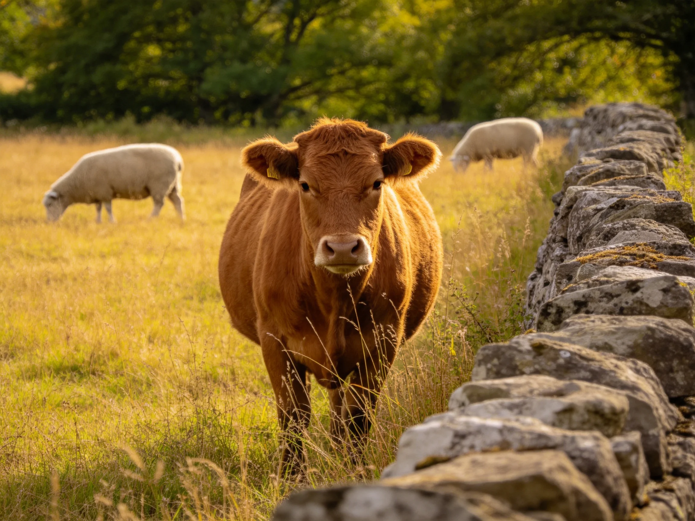 A brown cow faces the viewer beside a stone wall while two white sheep graze in a golden field