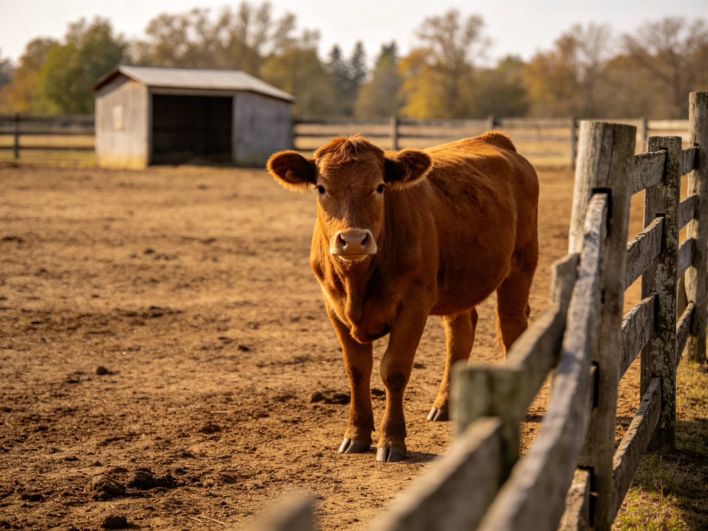 A brown cow stands near a weathered wooden fence by an old barn