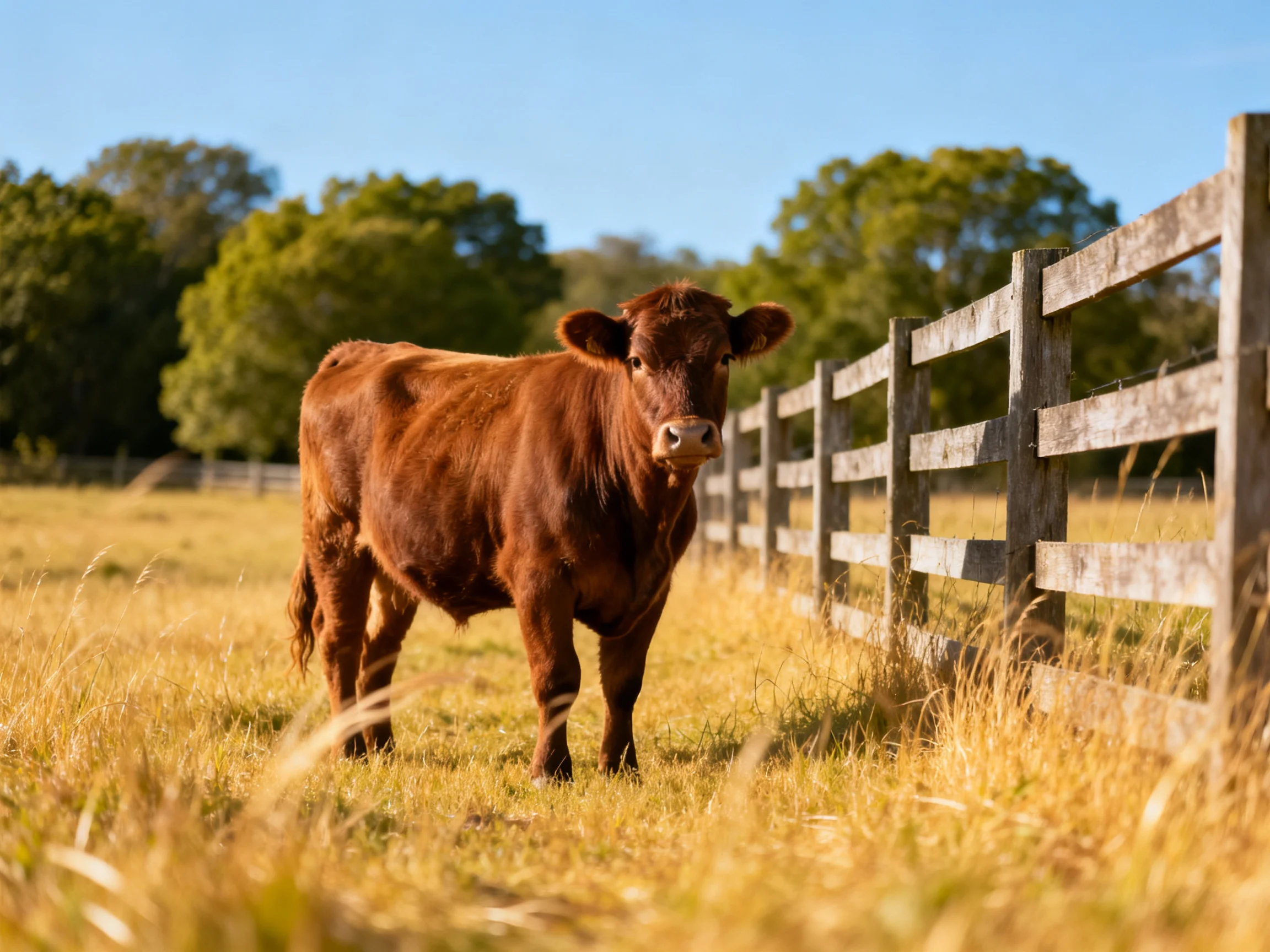 A brown cow stands near a weathered wooden fence in a golden field