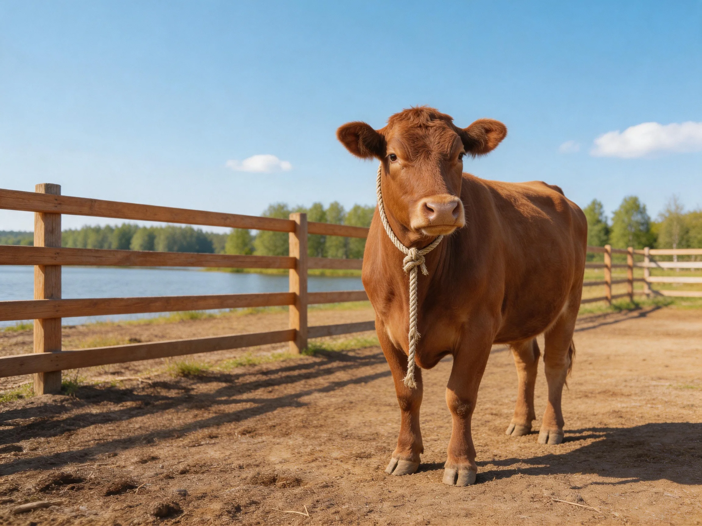 A brown cow stands near a wooden fence by a calm lake