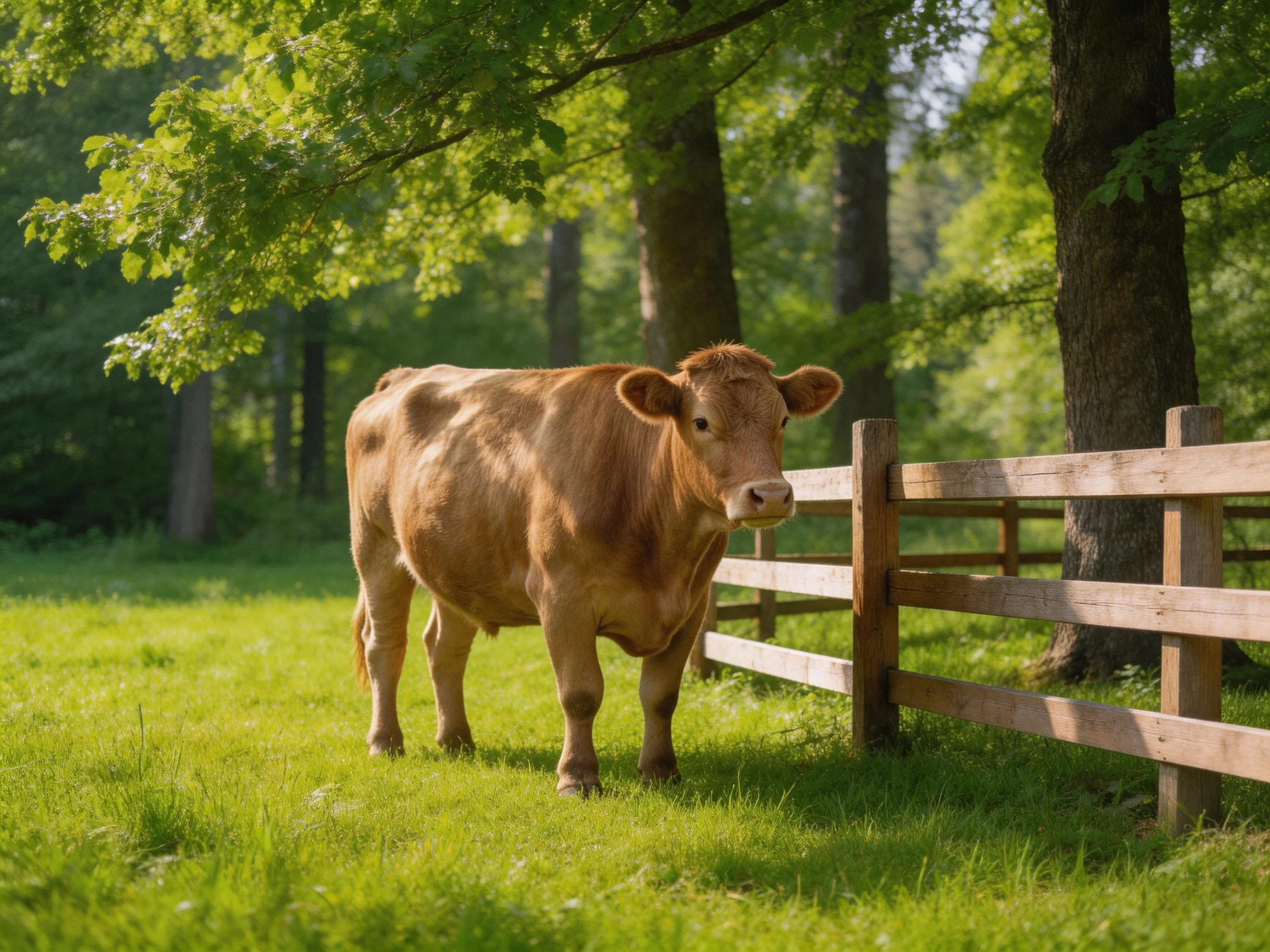 A brown cow stands near a wooden fence in a lush green meadow