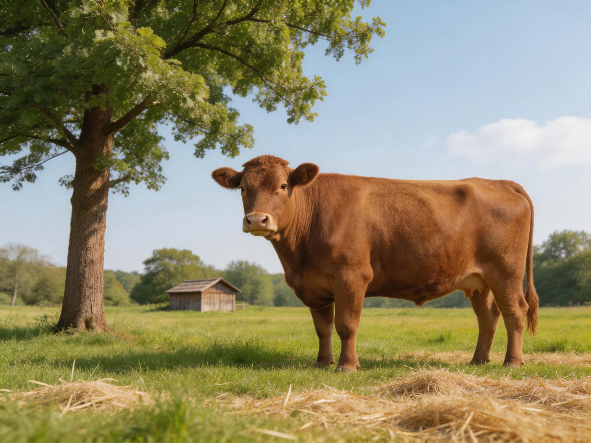 A brown cow stands in a sunlit meadow with a large tree nearby.