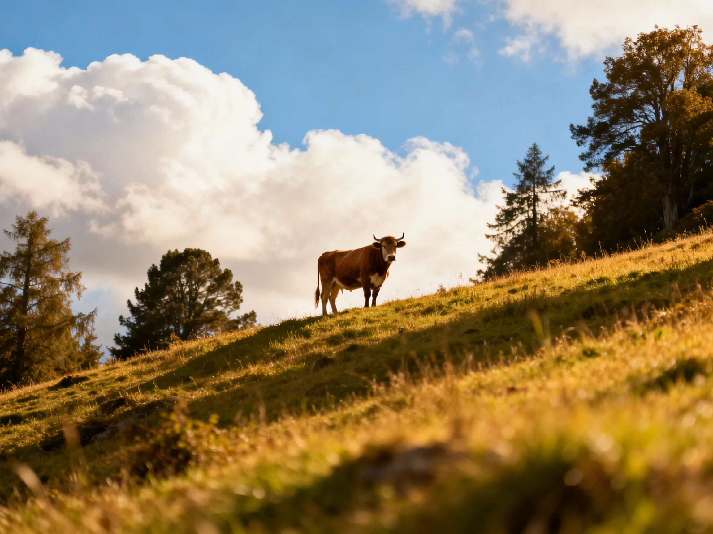 A brown cow stands on a golden grassy hillside with tall trees
