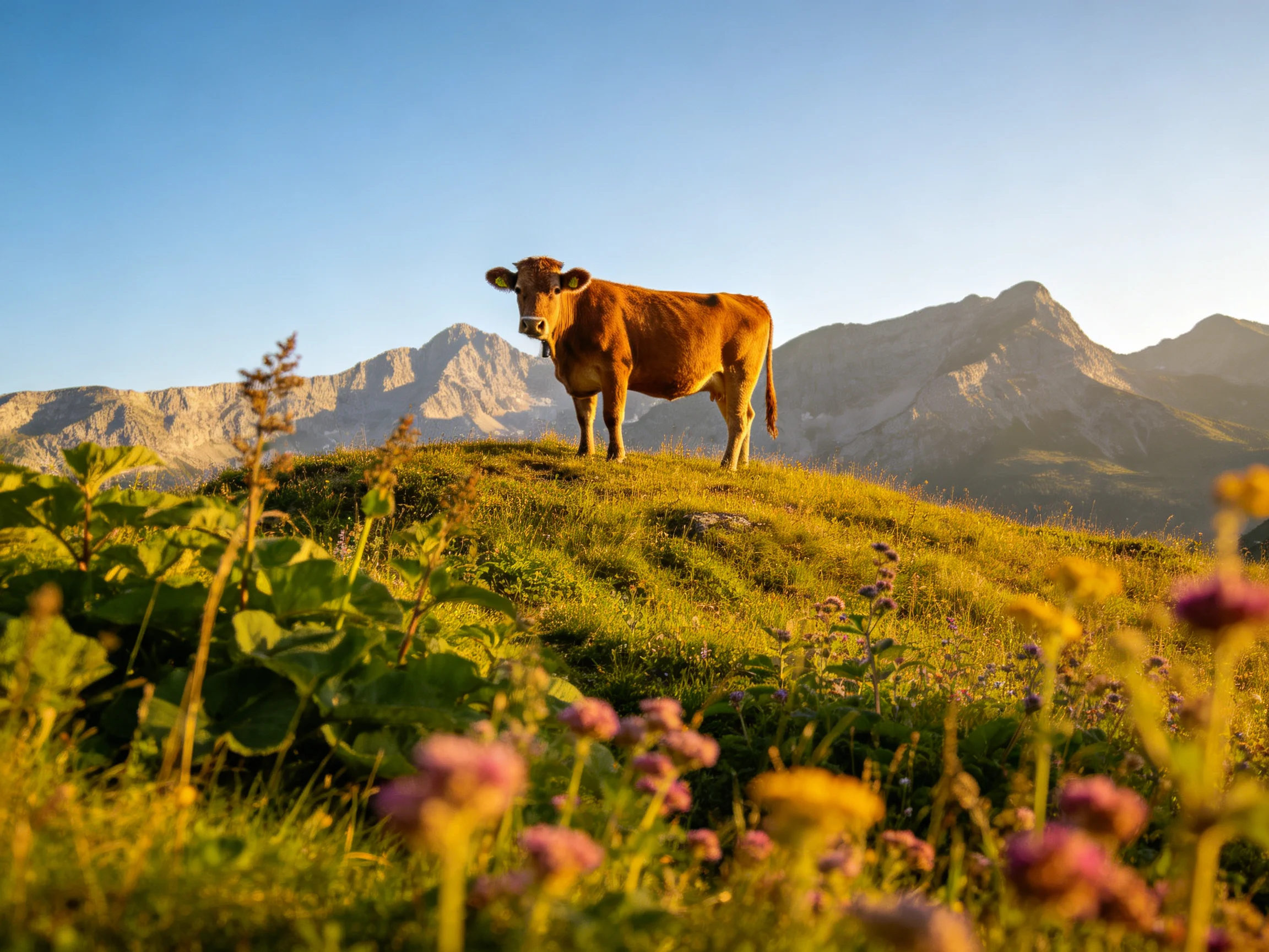 A brown cow stands on a grassy hill with wildflowers near mountain peaks