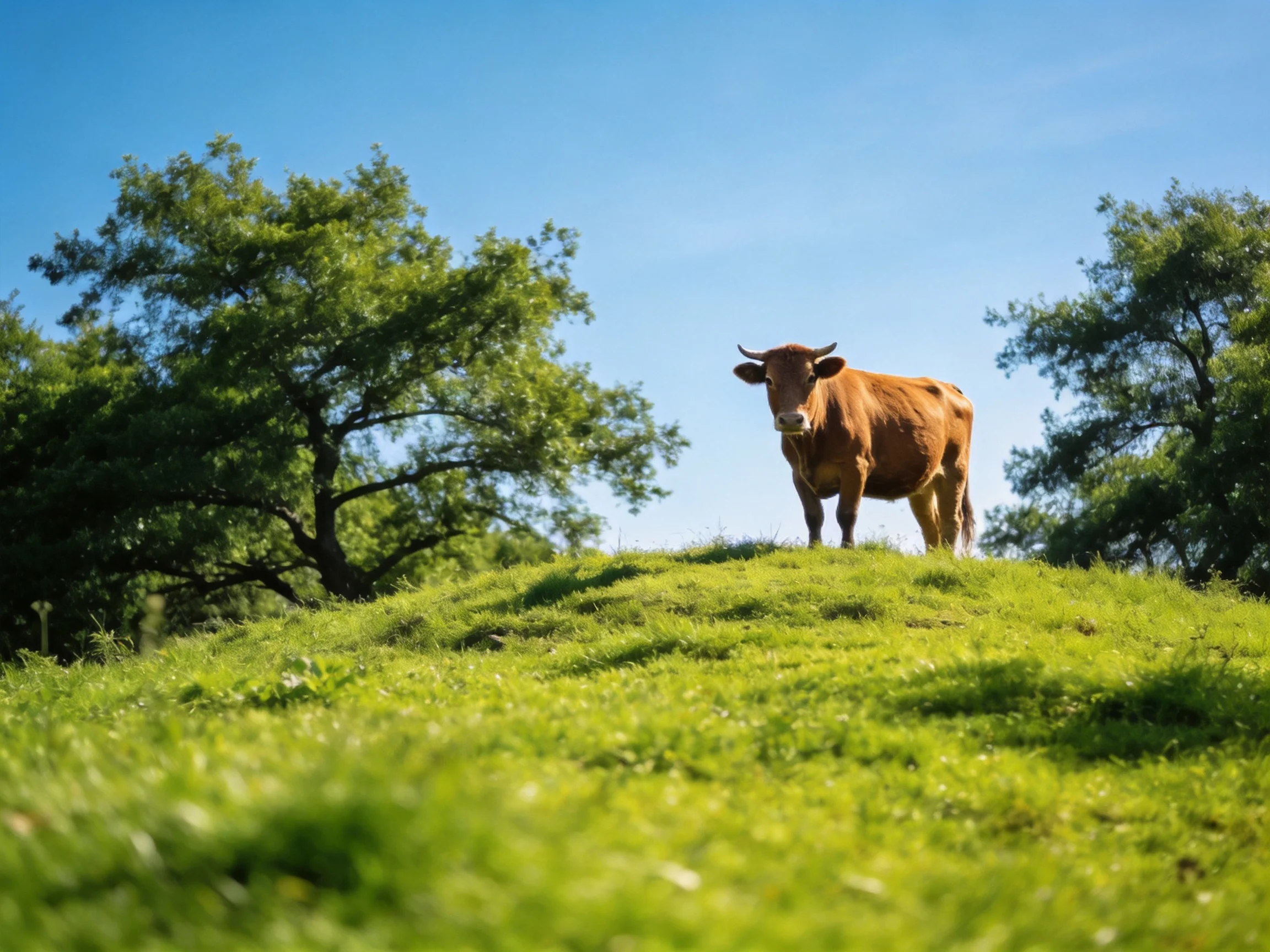 A brown cow stands on a lush green hill with leafy trees