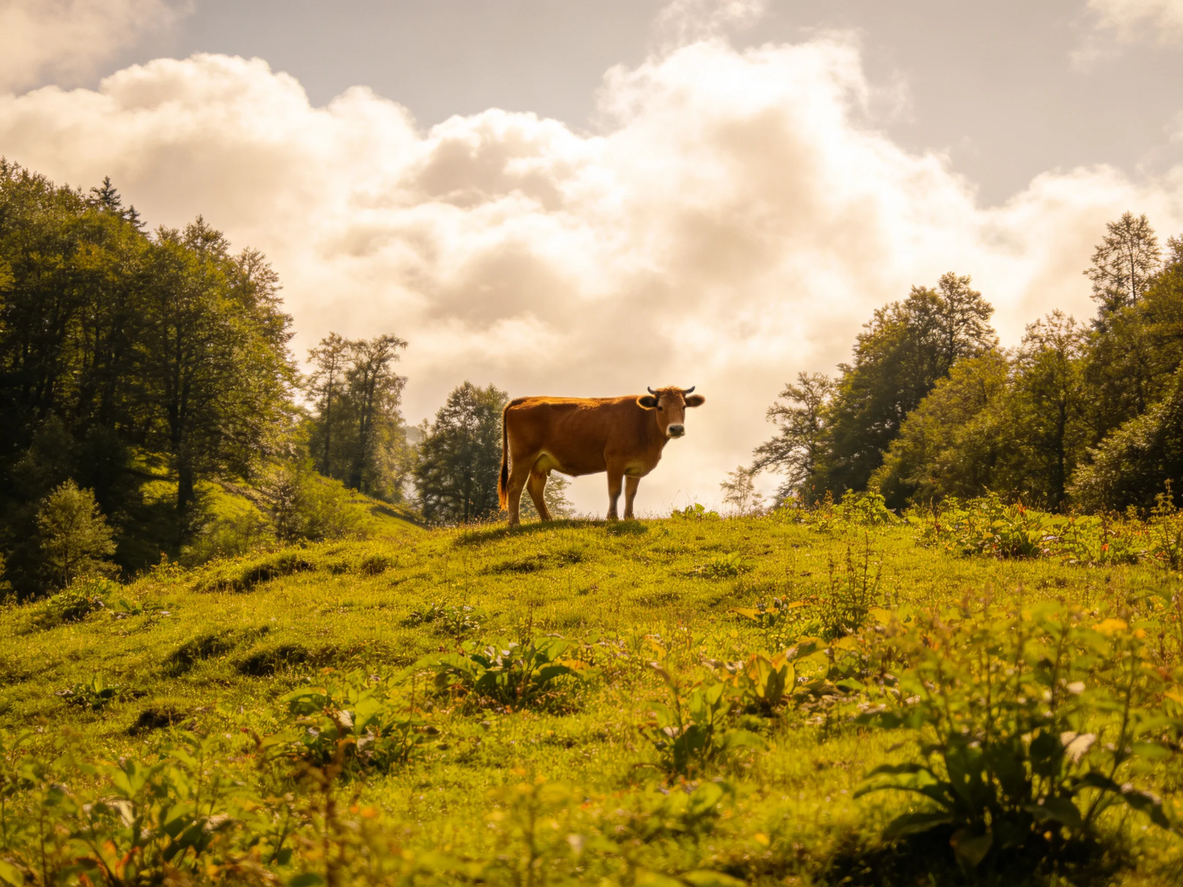 A brown cow stands alone on a sunlit green hillside surrounded by trees.