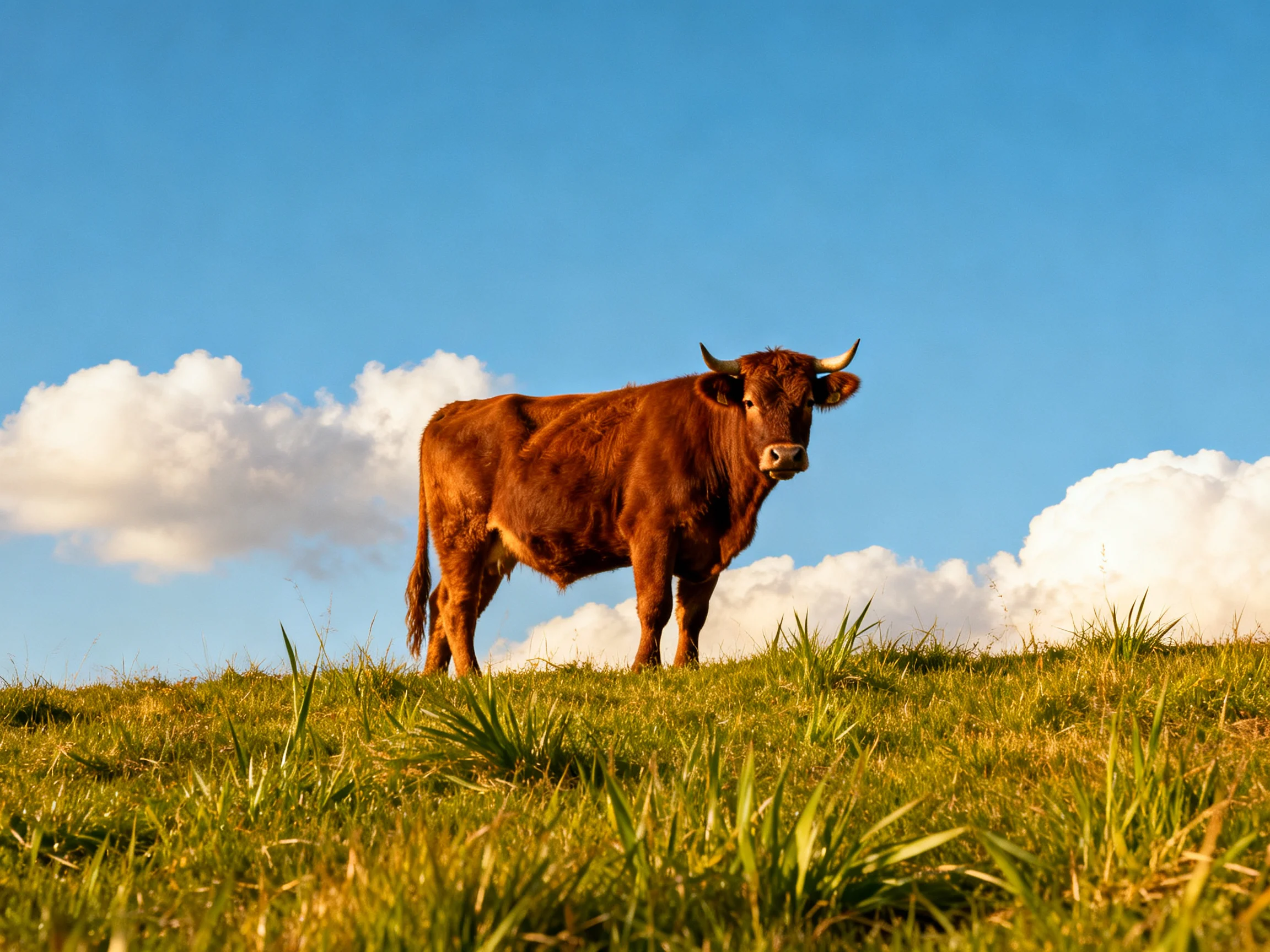 A brown cow stands alone on a grassy hill under a clear blue sky with clouds