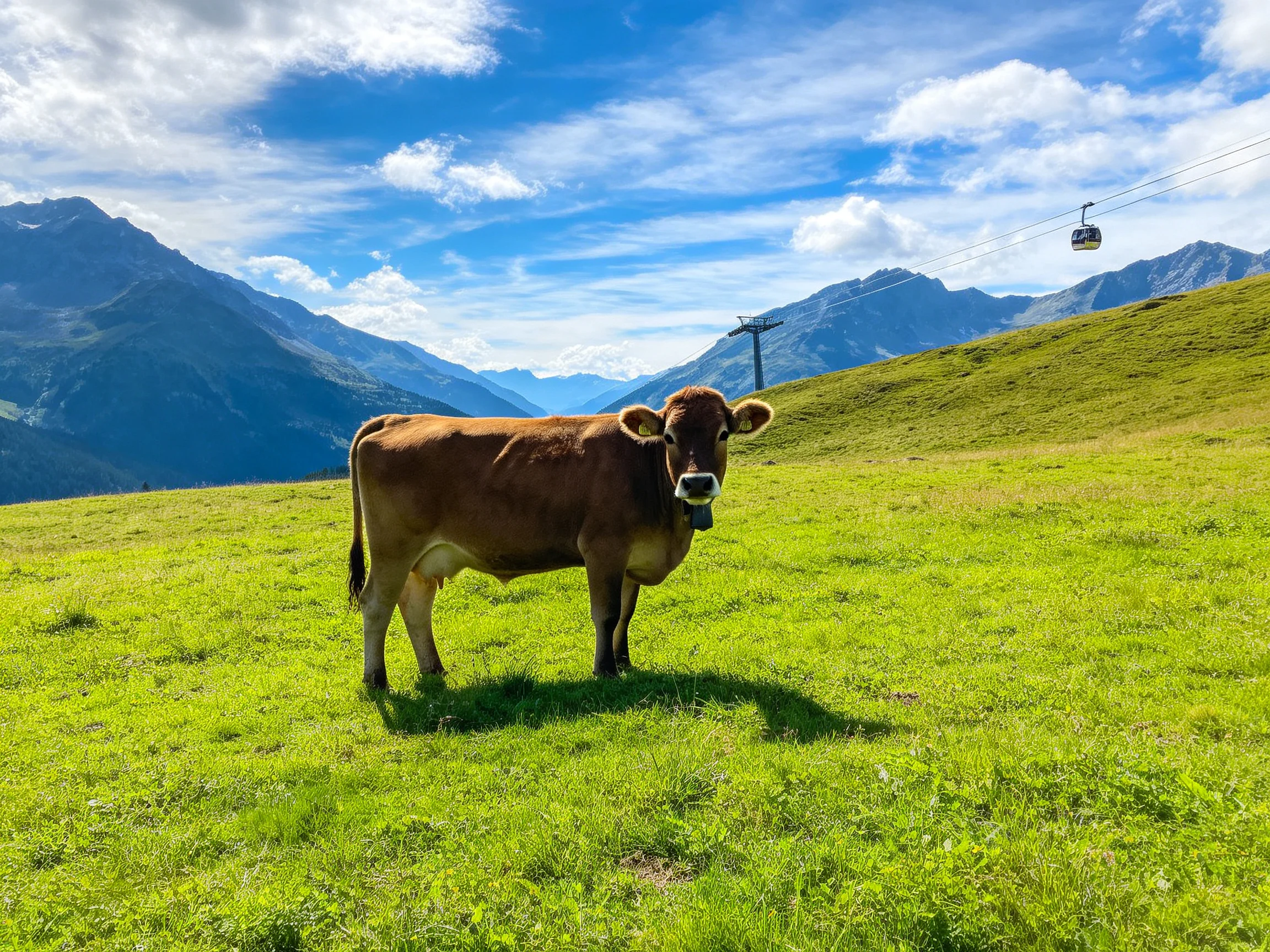 A brown cow stands on a lush green meadow with mountain peaks in the distance.