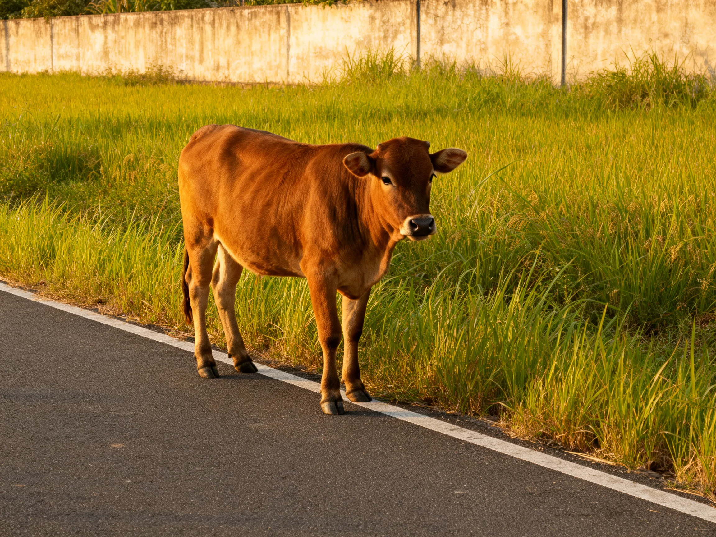 A brown cow stands on a paved road with tall green grass nearby