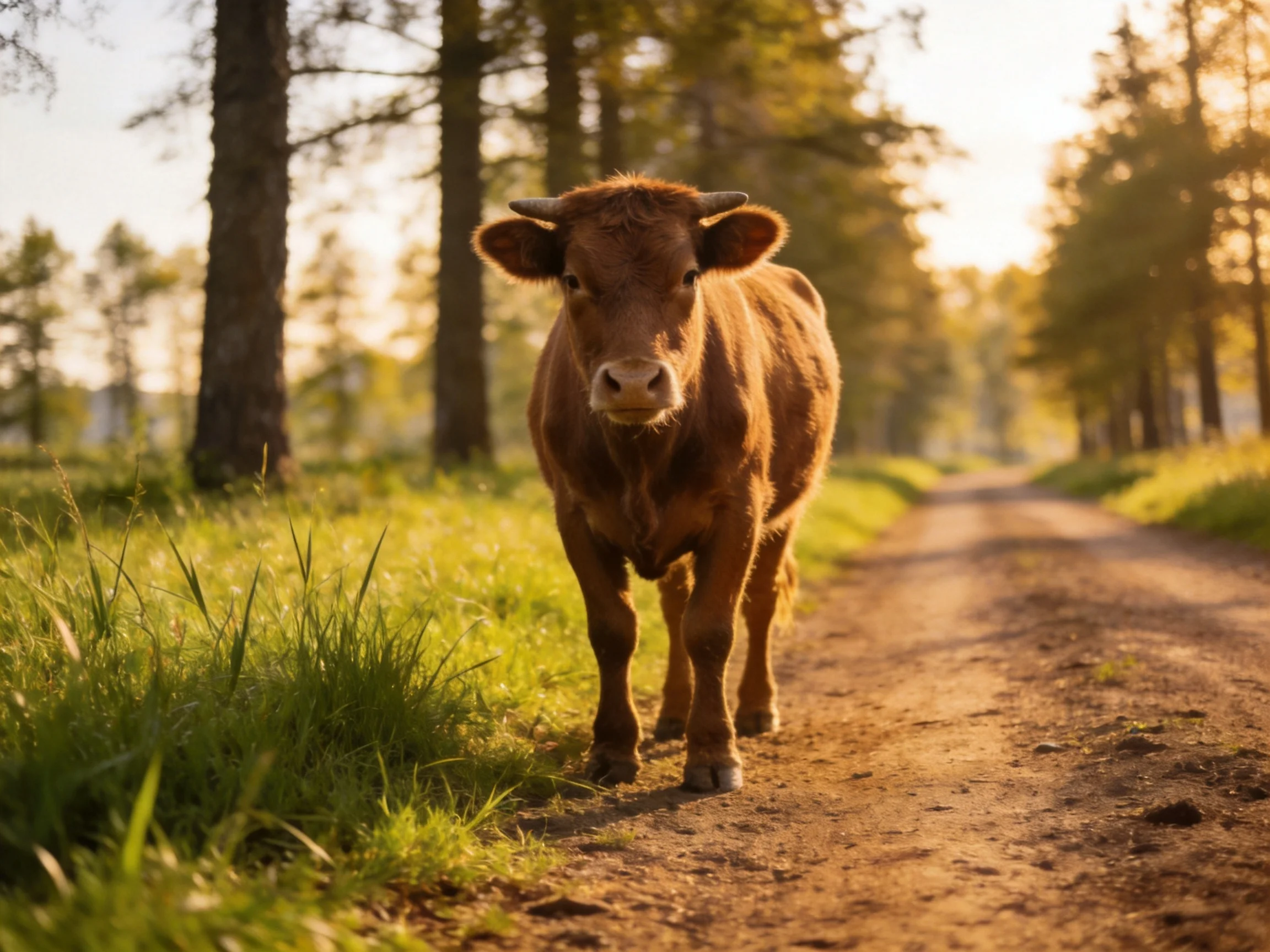 A brown cow stands on a sunlit dirt path amid tall trees