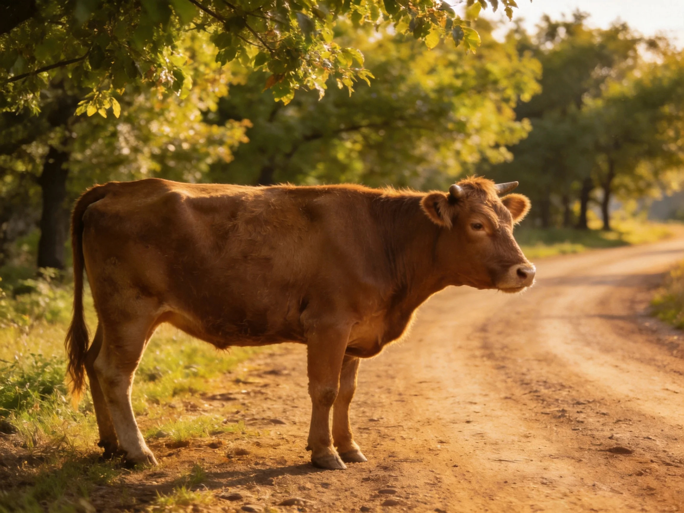 A brown cow stands on a sunlit dirt path beside green trees