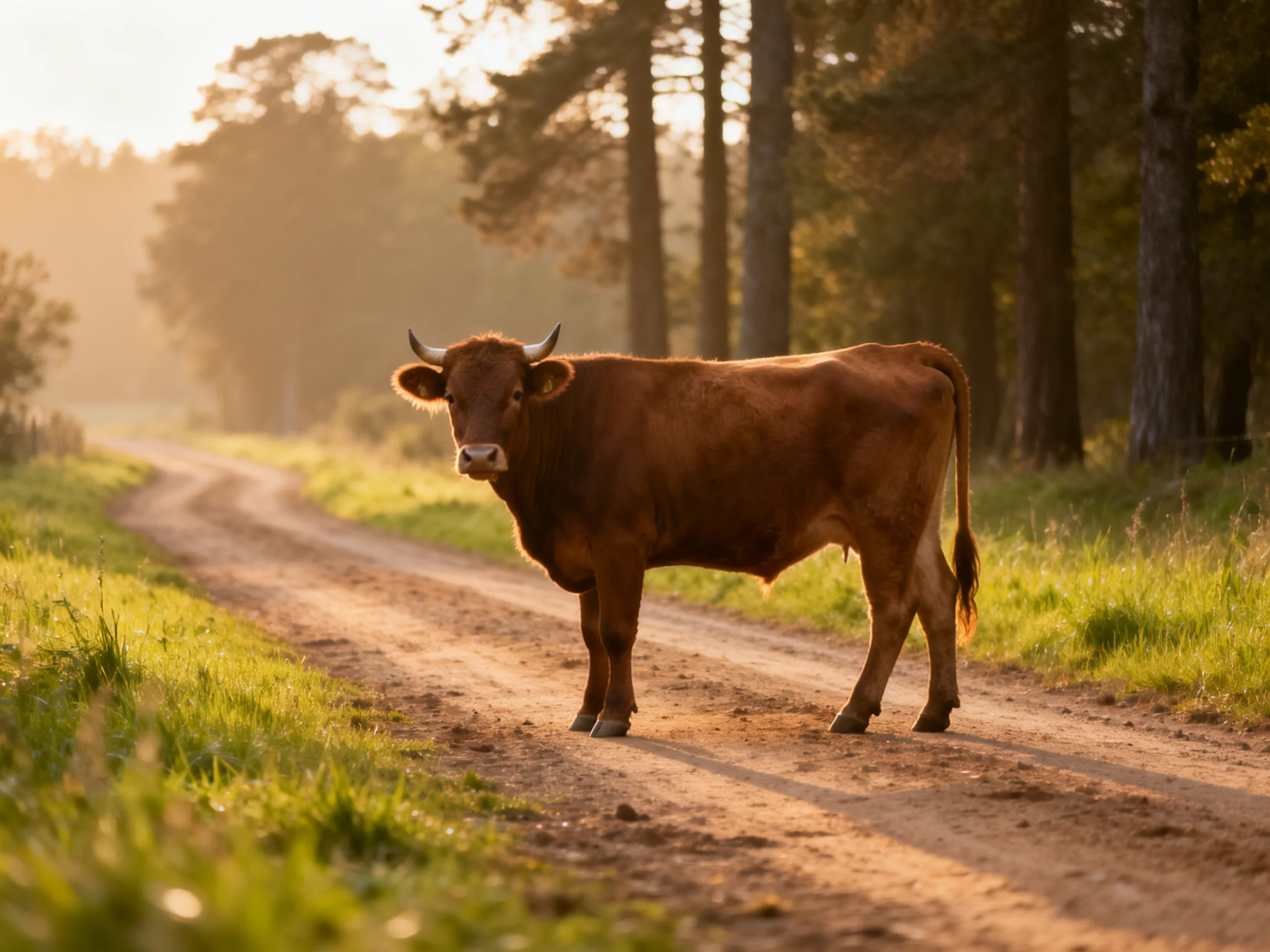 A brown cow stands on a sunlit dirt road near tall trees