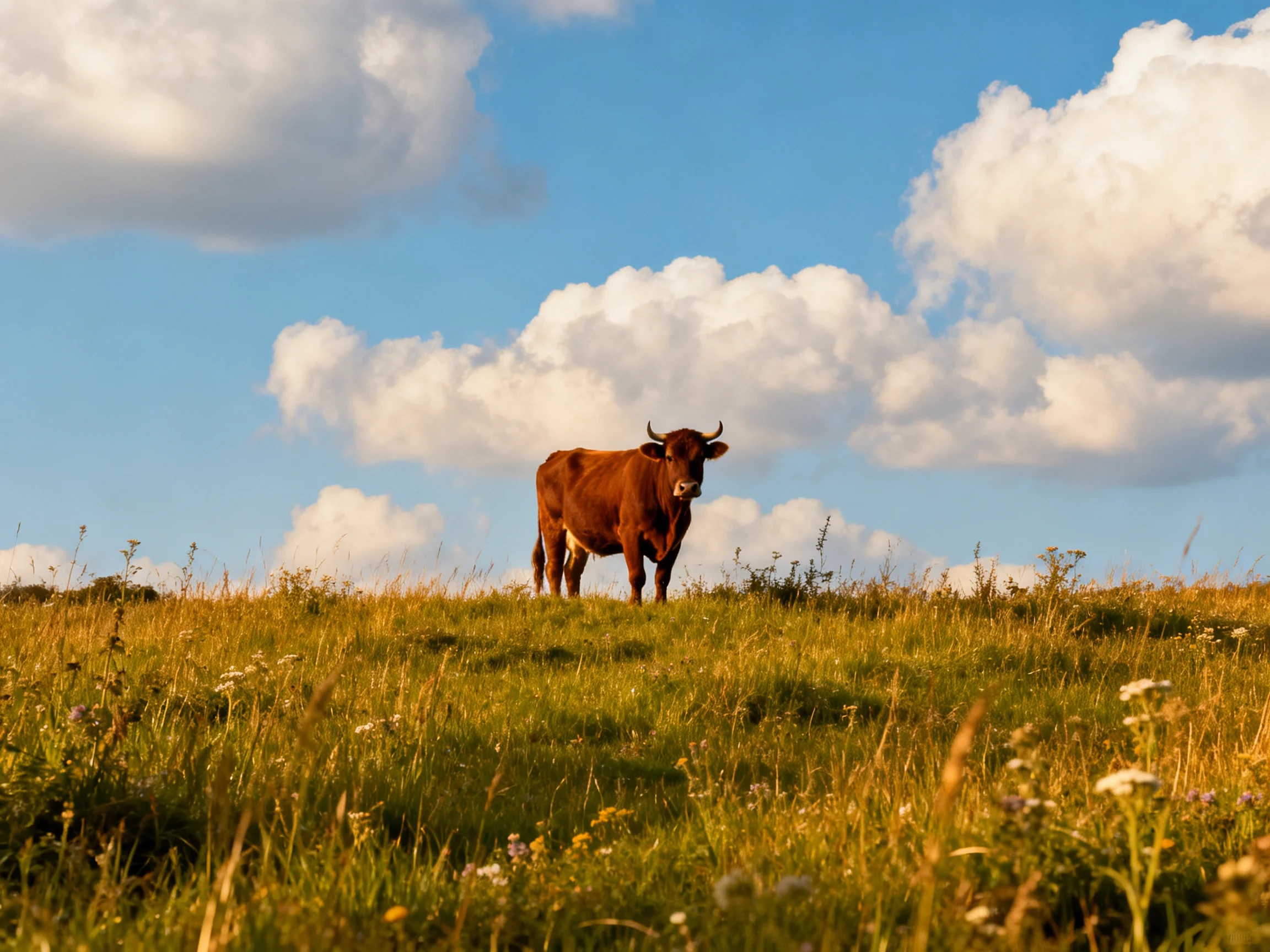 A brown cow stands on a sunlit grassy hill beneath blue skies with fluffy clouds