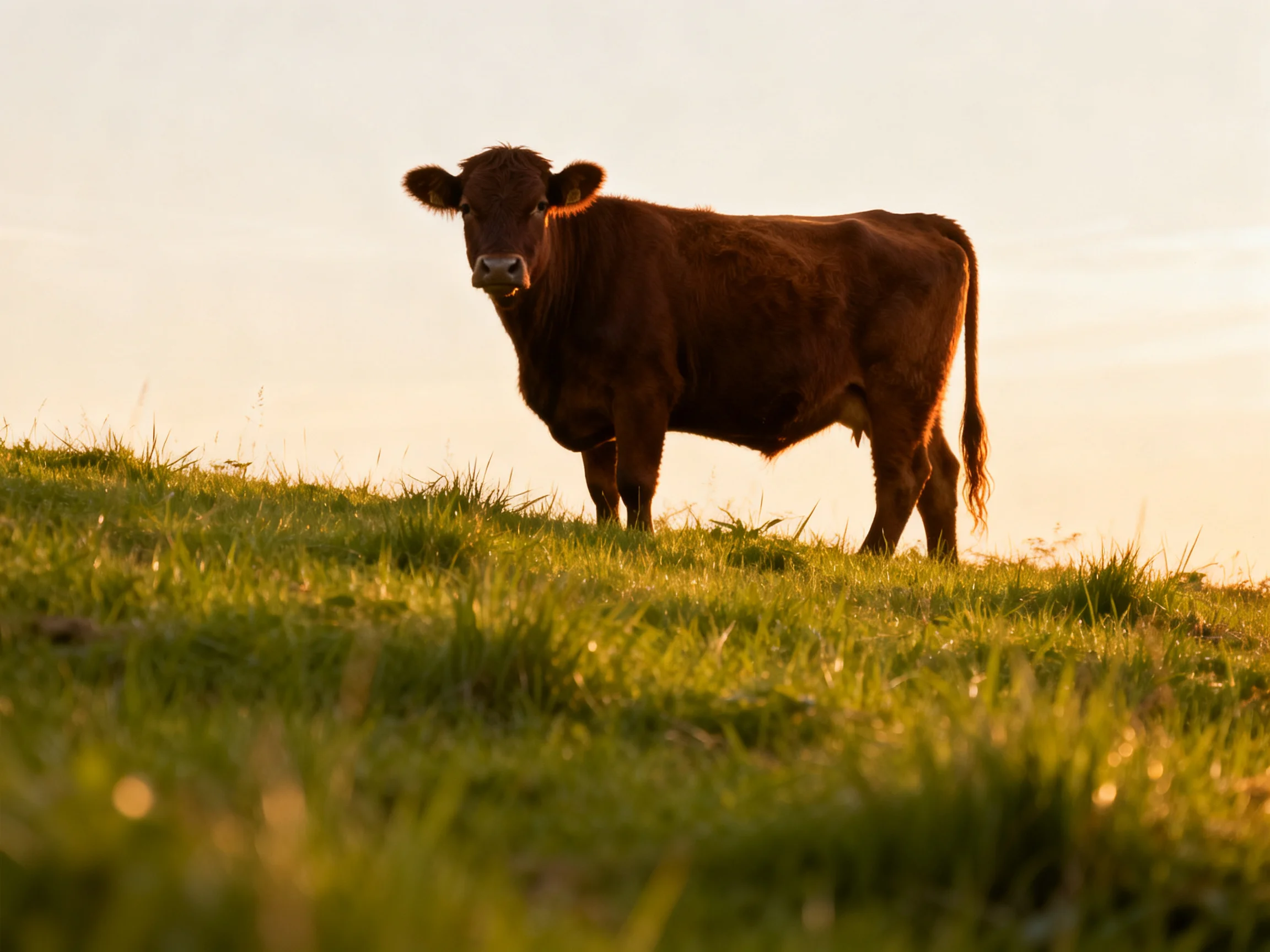 A brown cow stands on a sunlit grassy hillside at golden hour