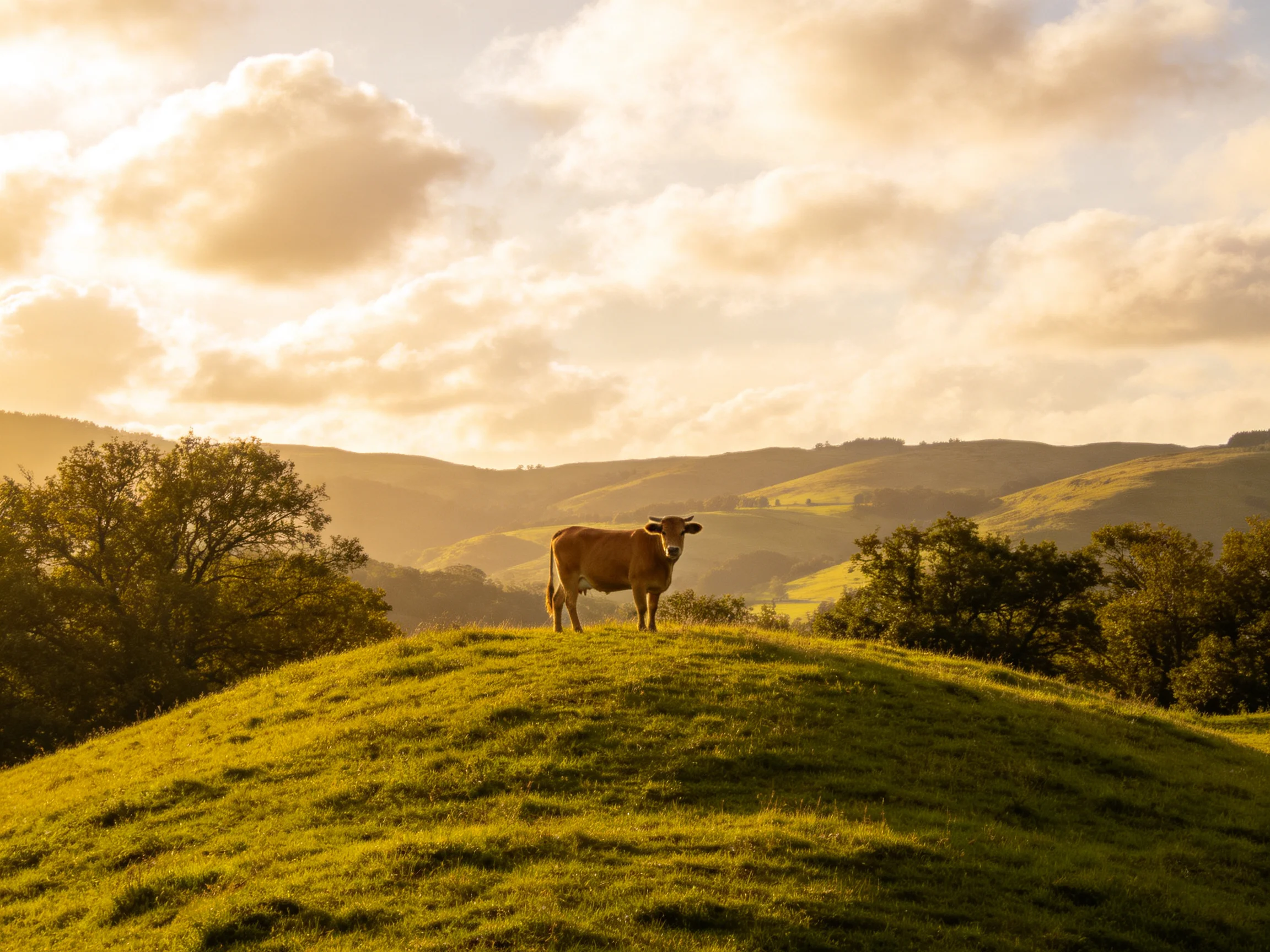 A brown cow stands on a verdant hill with golden-hued rolling landscapes