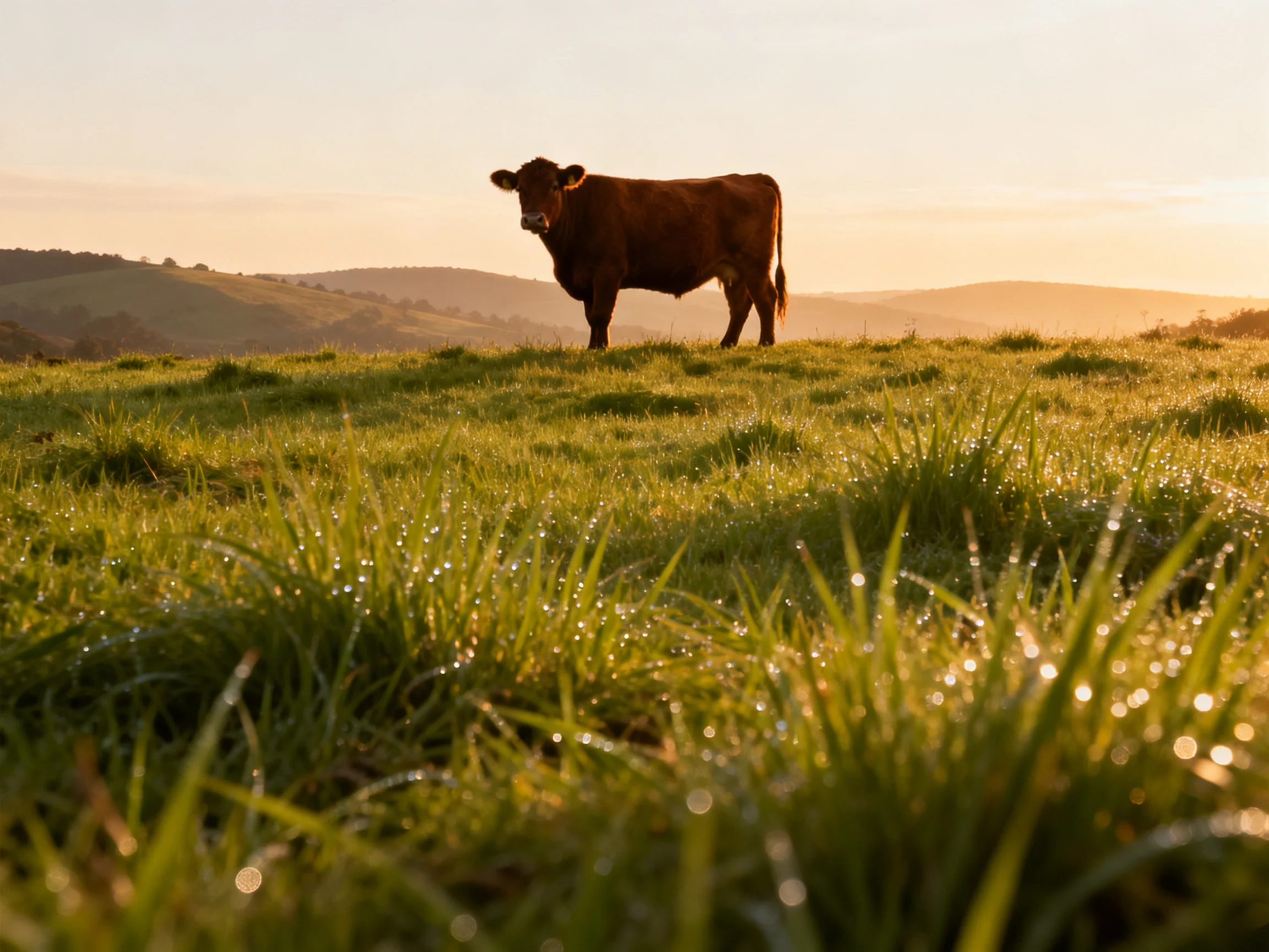 A brown cow stands on dewy green pasture at golden hour