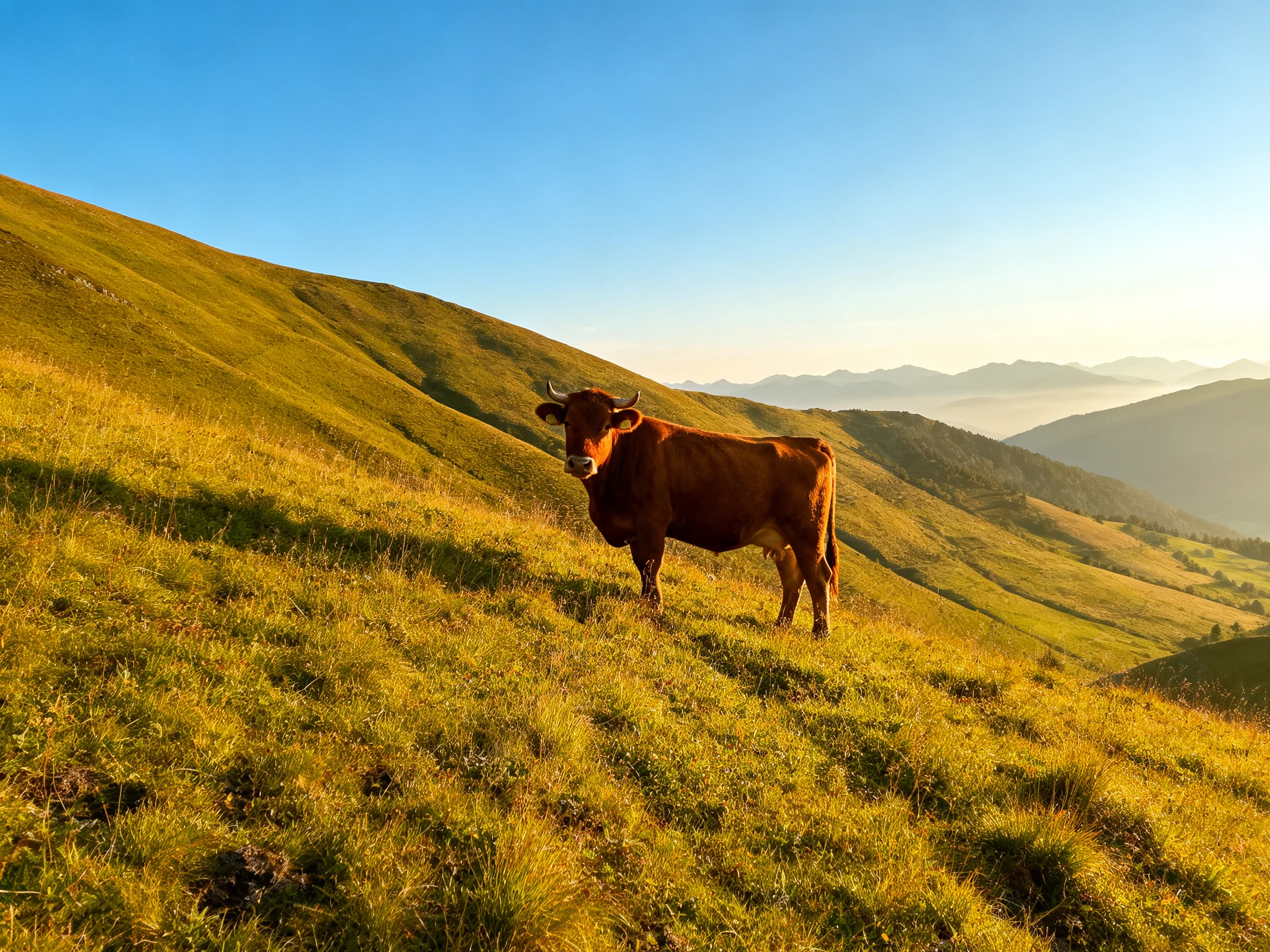 A brown cow stands on golden-green rolling hills under clear blue sky