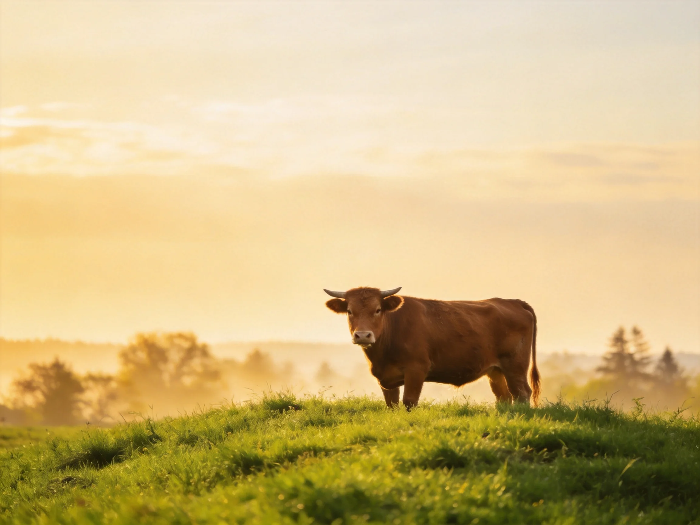A brown cow stands on lush green grass amid golden morning light