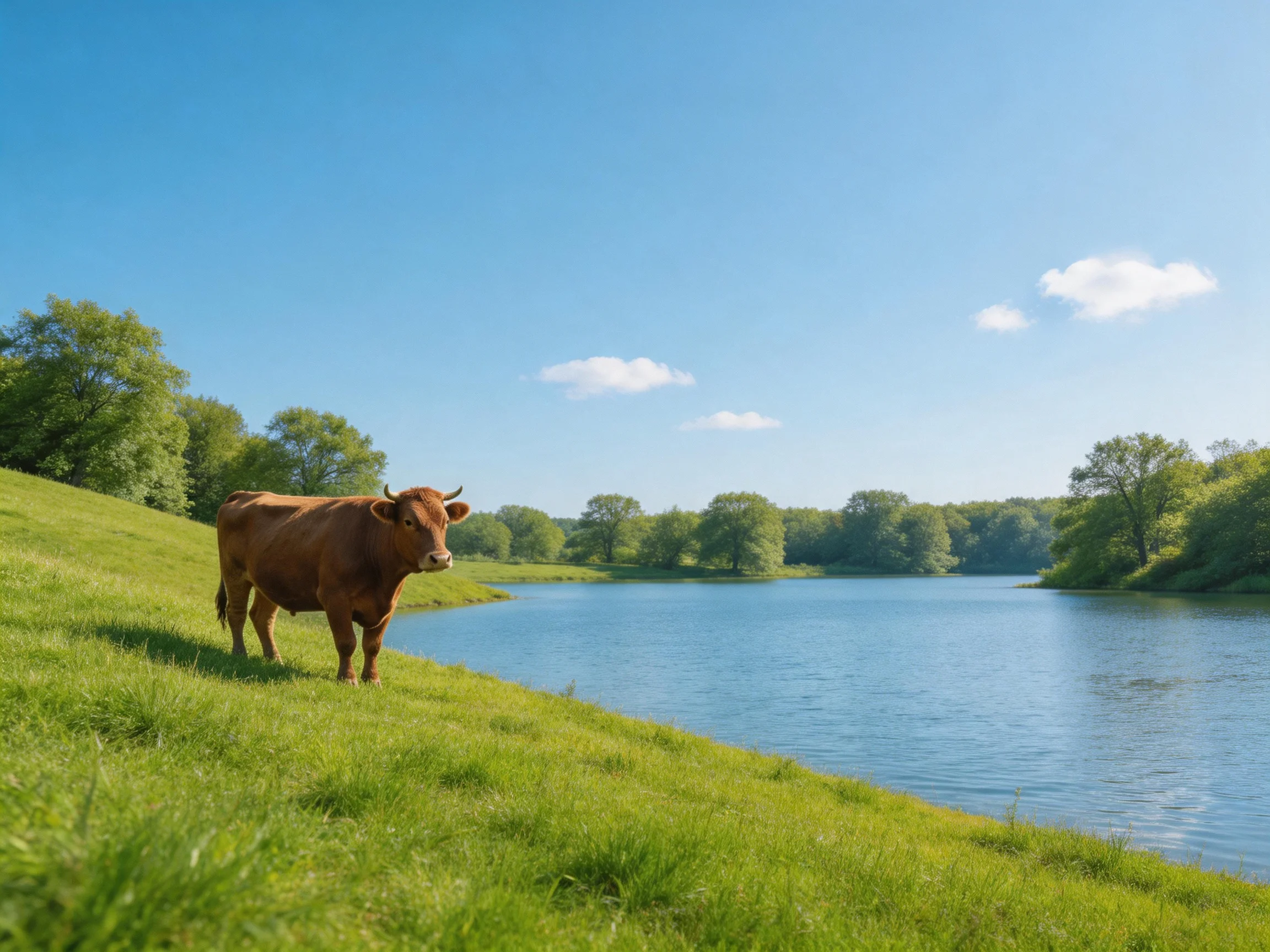 A brown cow stands on lush green grass beside a calm blue river